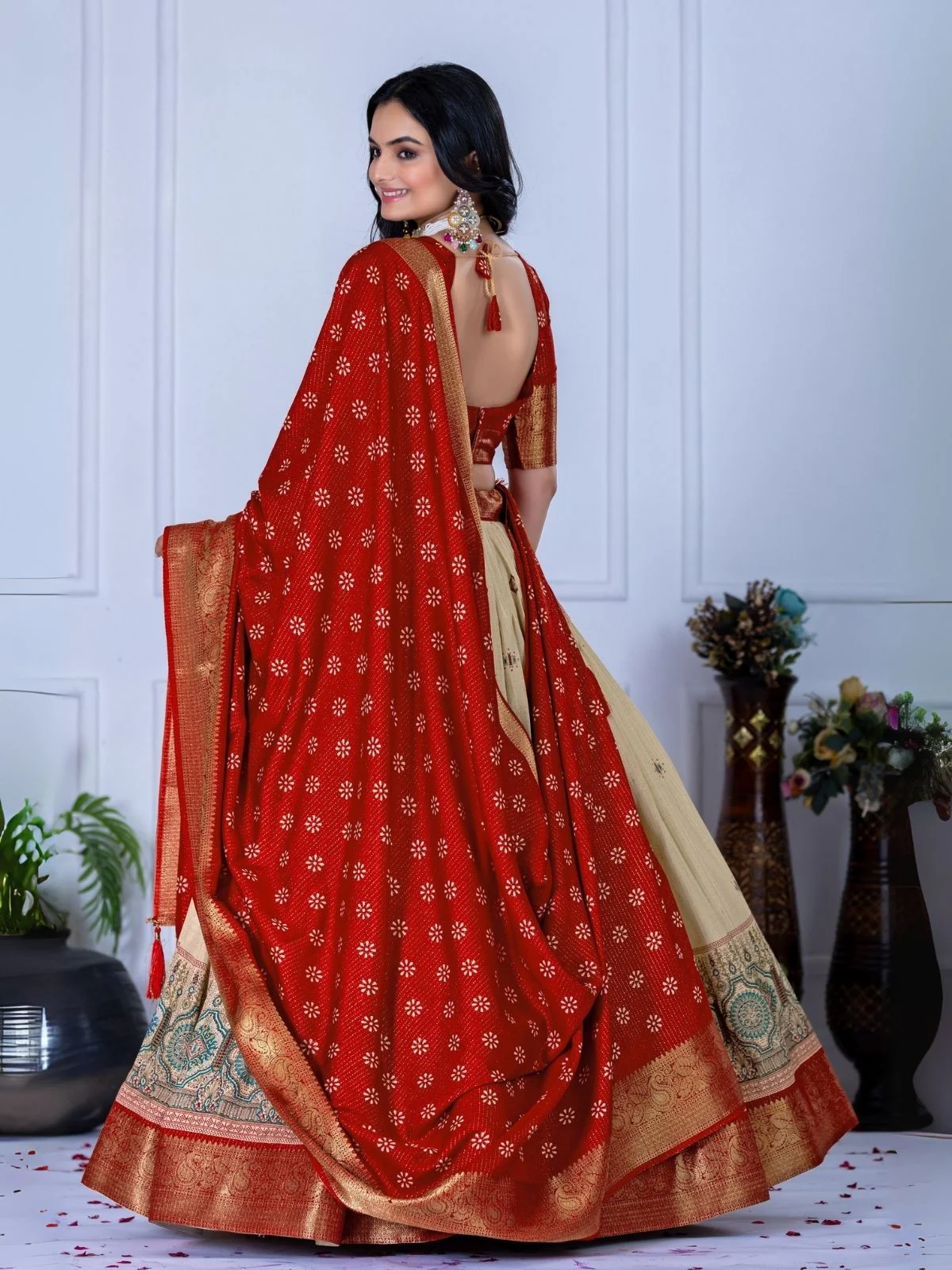 Odette Beige And Red Silk Blend Printed Semi-Stitched lehenga For Women - Image 3