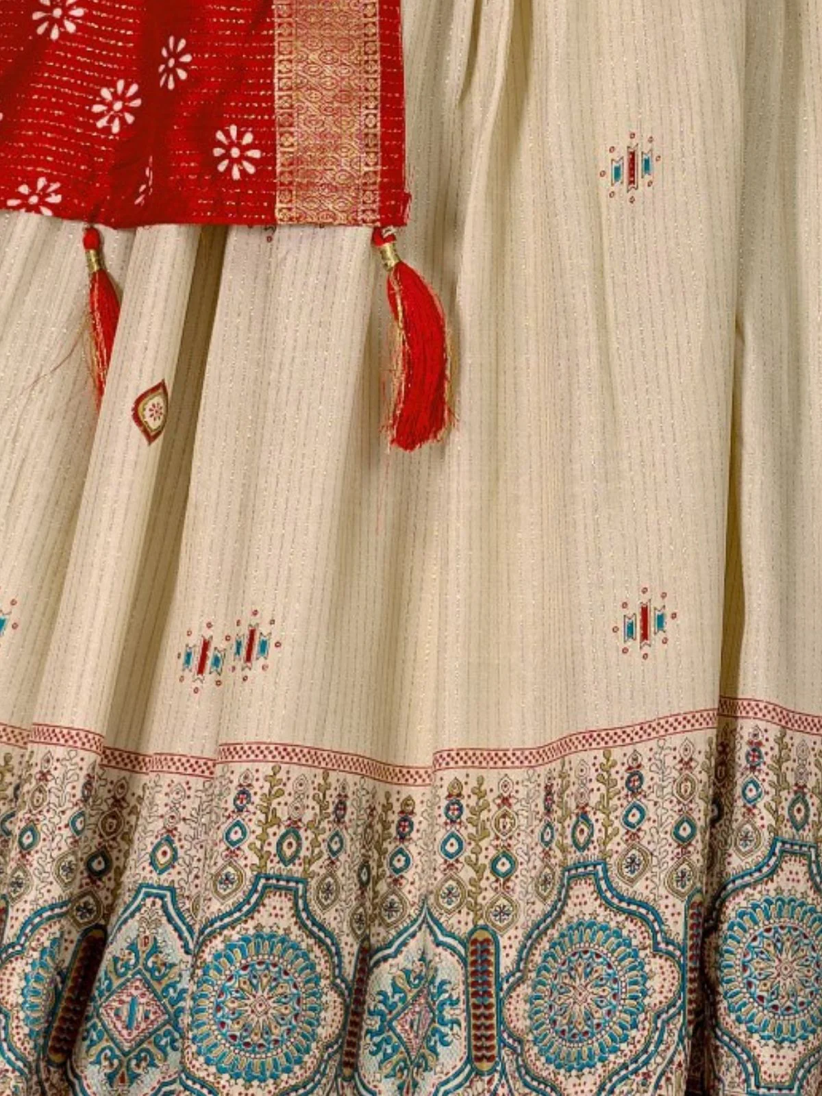 Odette Beige And Red Silk Blend Printed Semi-Stitched lehenga For Women - Image 5
