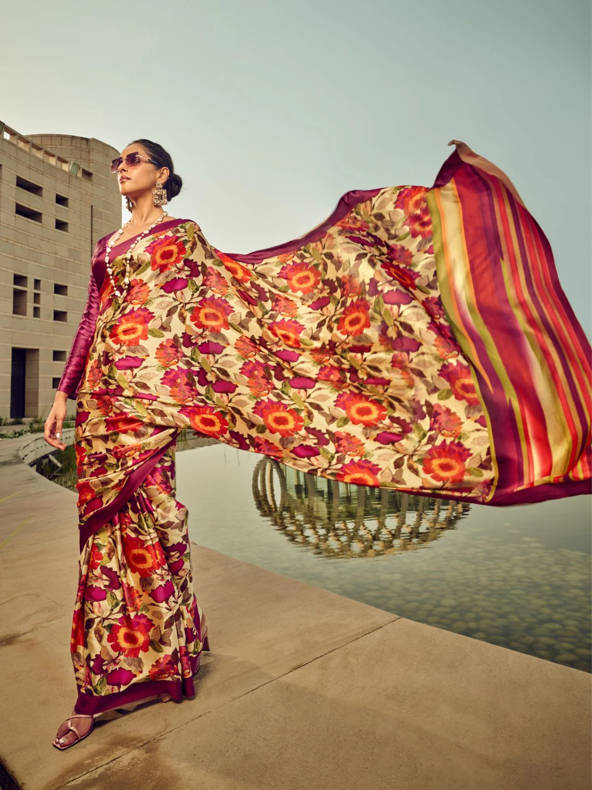 Odette Beige And Rust Satin Printed Saree With Unstitched Blouse For Women - Image 2