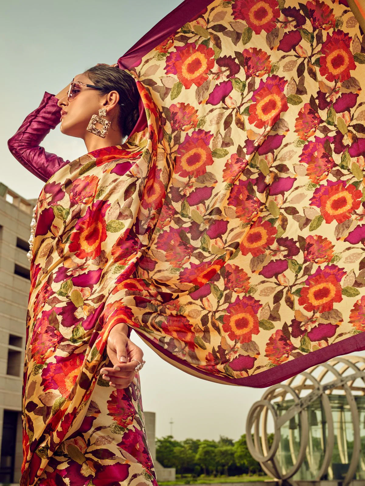 Odette Beige And Rust Satin Printed Saree With Unstitched Blouse For Women - Image 3