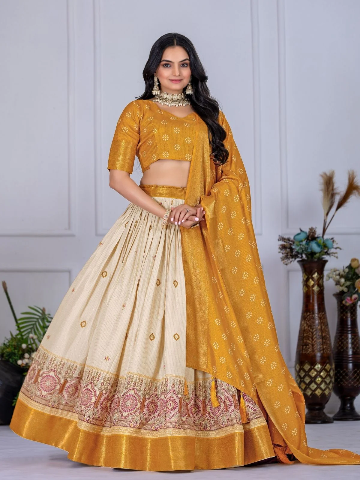 Odette Beige And Yellow Silk Blend Printed Semi-Stitched lehenga For Women - Image 2