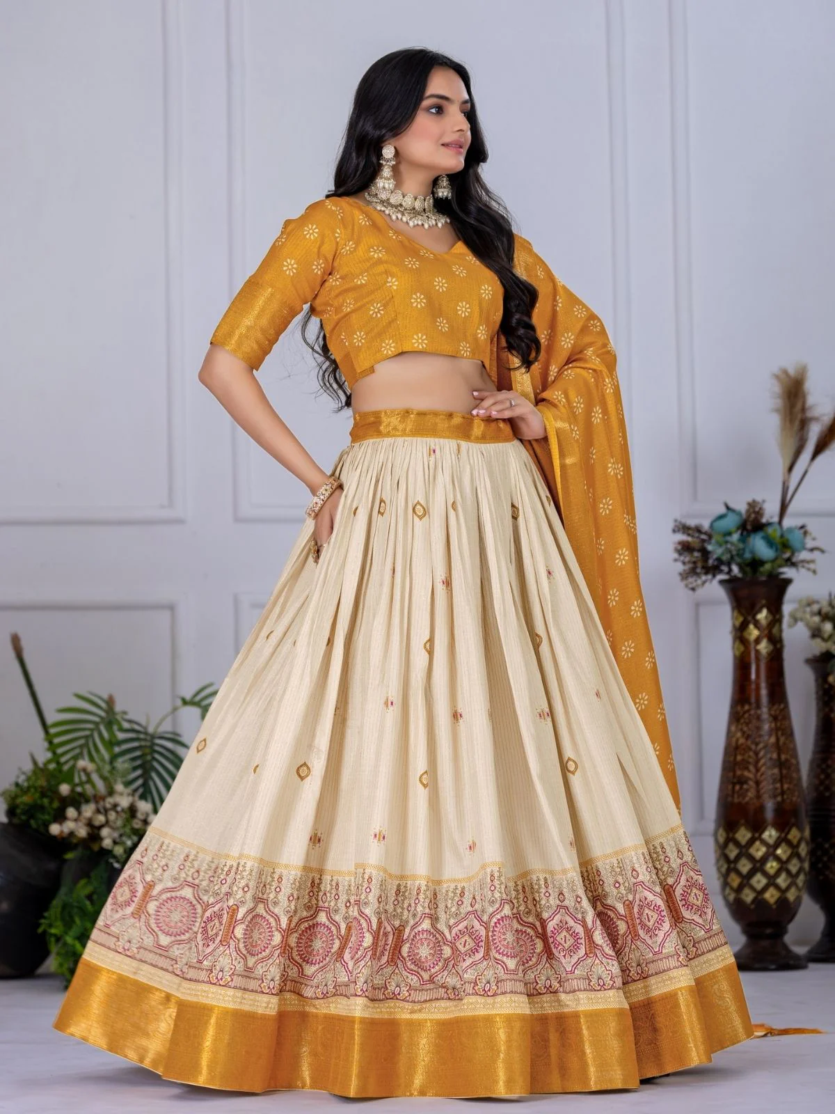 Odette Beige And Yellow Silk Blend Printed Semi-Stitched lehenga For Women - Image 3