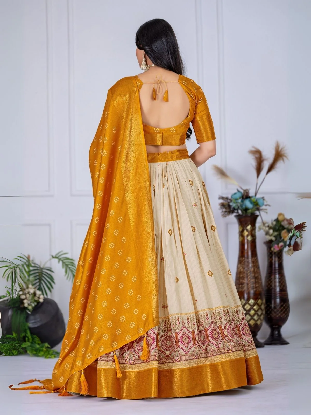 Odette Beige And Yellow Silk Blend Printed Semi-Stitched lehenga For Women - Image 4