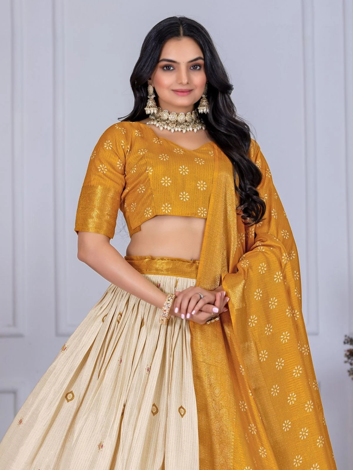 Odette Beige And Yellow Silk Blend Printed Semi-Stitched lehenga For Women - Image 5