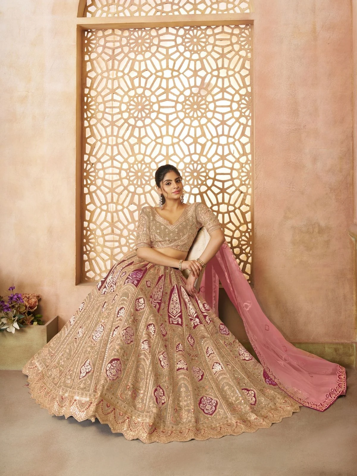 Odette Beige Banarasi Silk Embroidered Semi-Stitched Lehenga For Women - Image 3