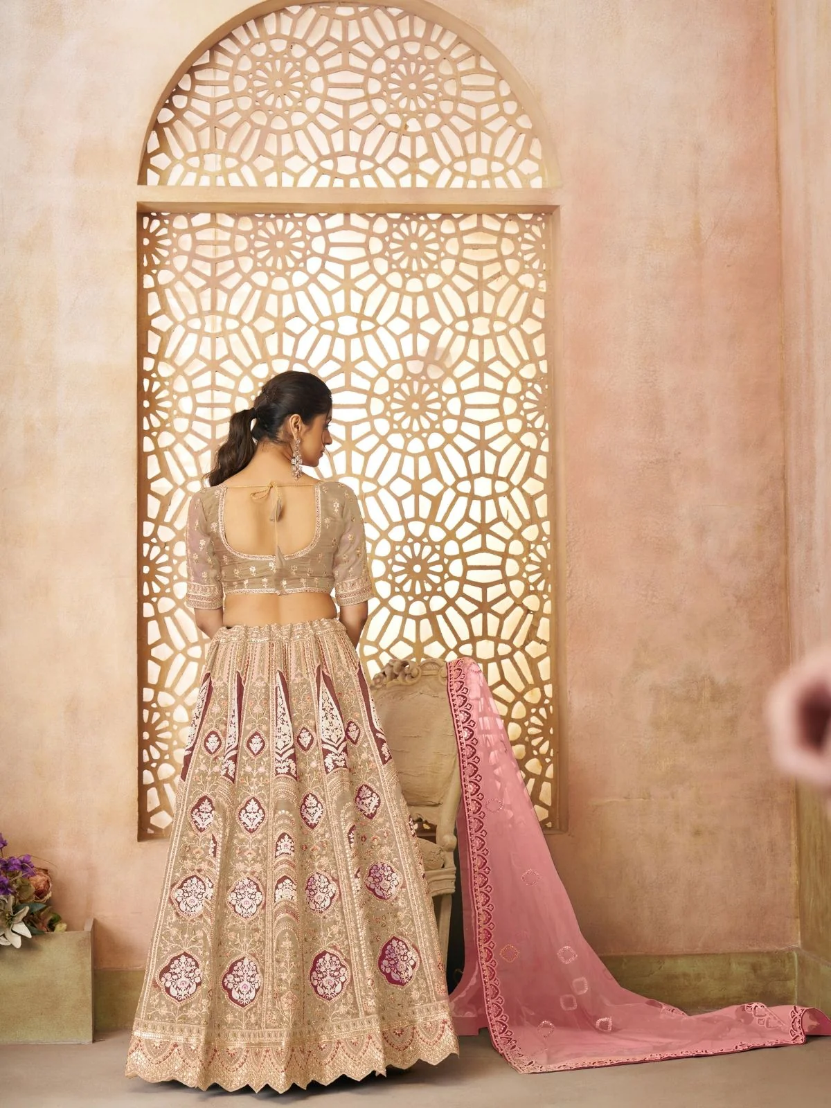 Odette Beige Banarasi Silk Embroidered Semi-Stitched Lehenga For Women - Image 4