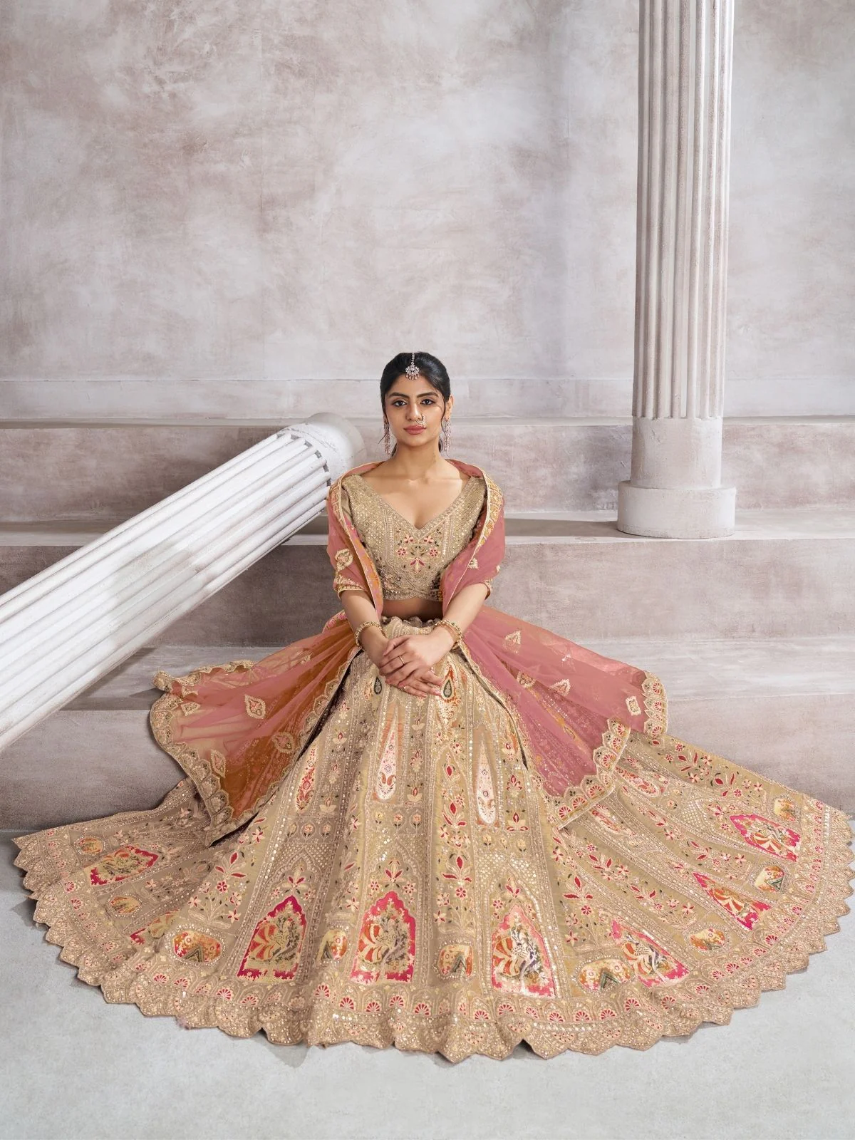 Odette Beige Banarasi Silk Embroidered Semi-Stitched Lehenga For Women - Image 2