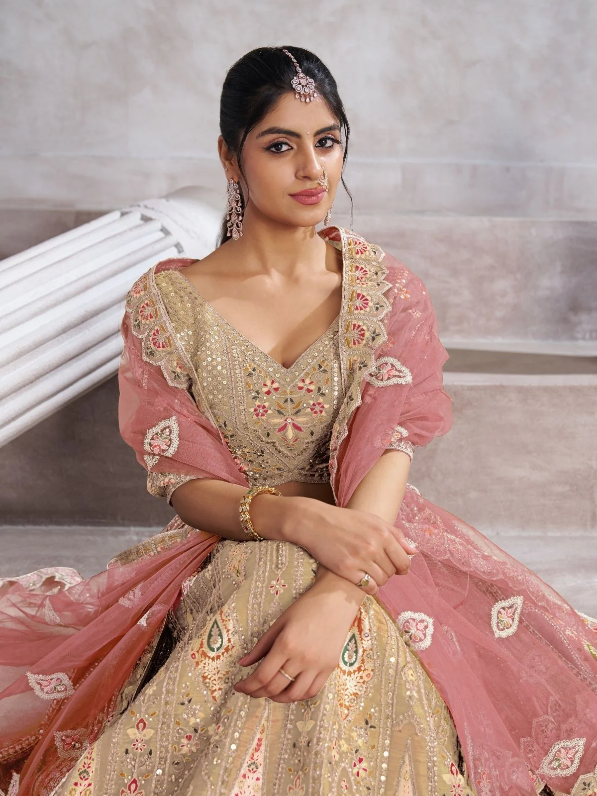 Odette Beige Banarasi Silk Embroidered Semi-Stitched Lehenga For Women - Image 3