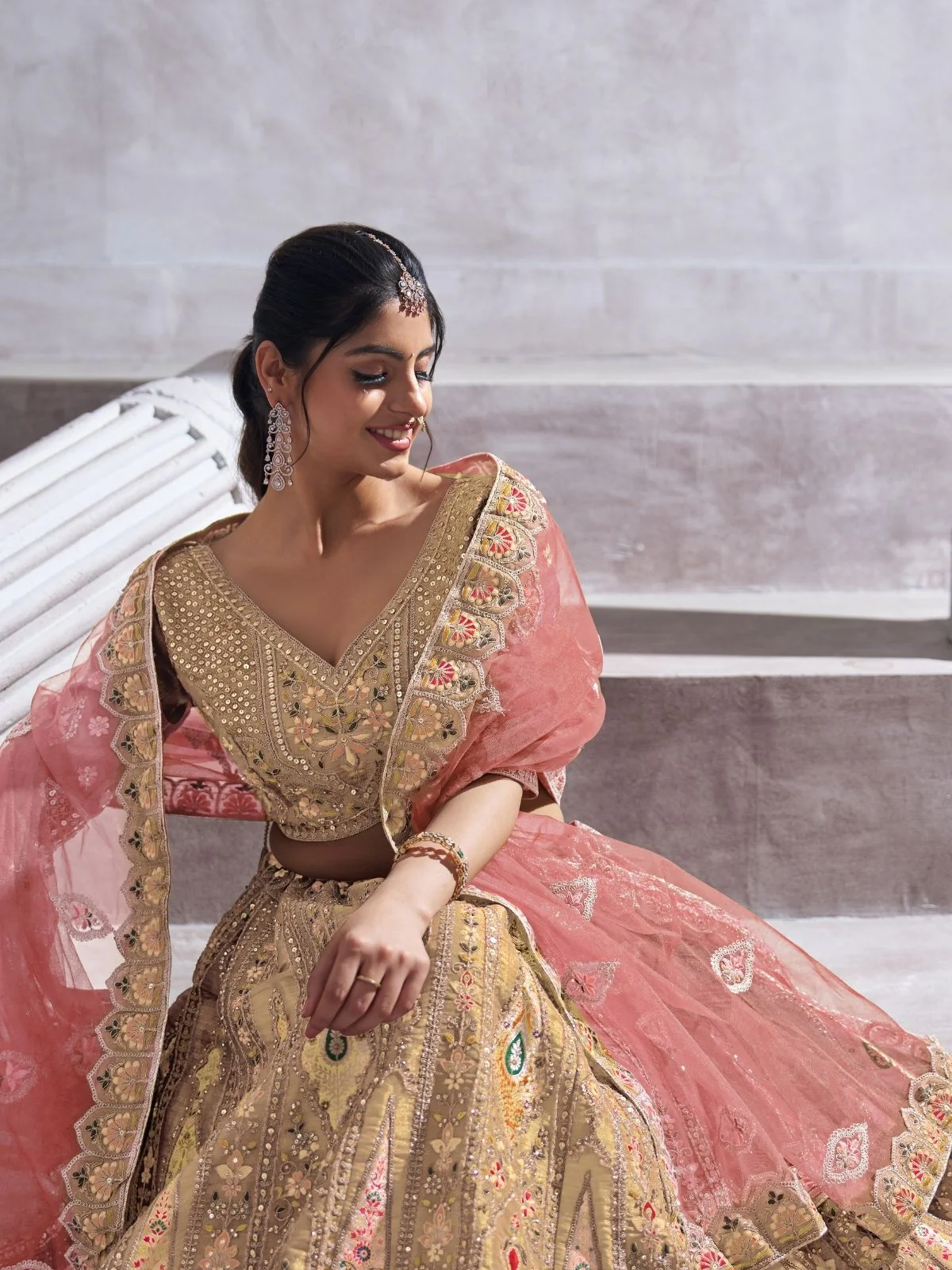 Odette Beige Banarasi Silk Embroidered Semi-Stitched Lehenga For Women - Image 4
