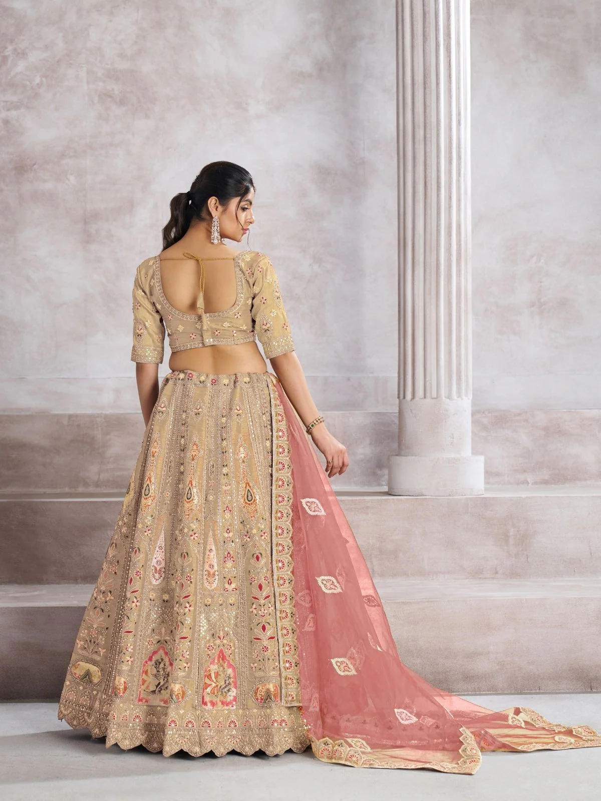 Odette Beige Banarasi Silk Embroidered Semi-Stitched Lehenga For Women - Image 5