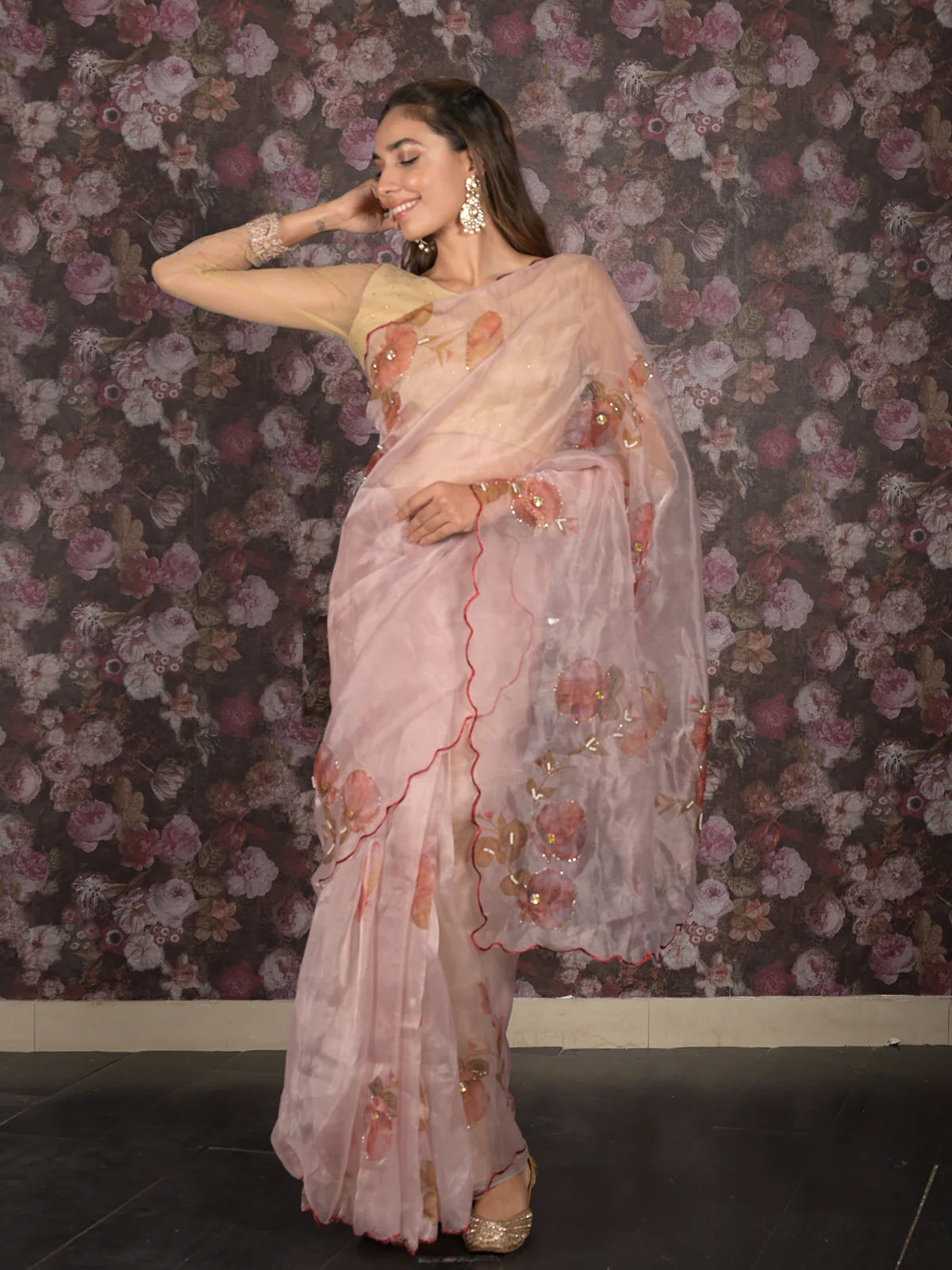 Odette Beige Beads Embroidered Floral Printed Organza Saree with Unstitched Blouse for Women - Image 4