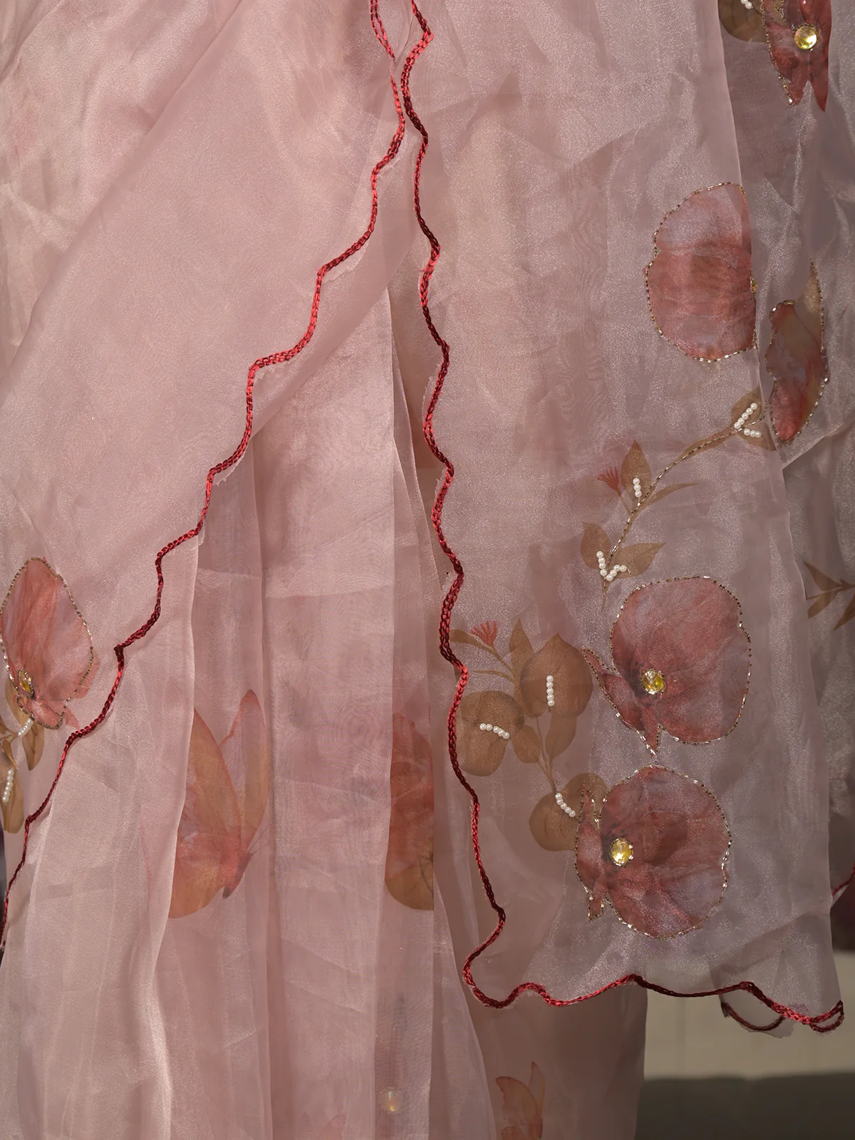 Odette Beige Beads Embroidered Floral Printed Organza Saree with Unstitched Blouse for Women - Image 6