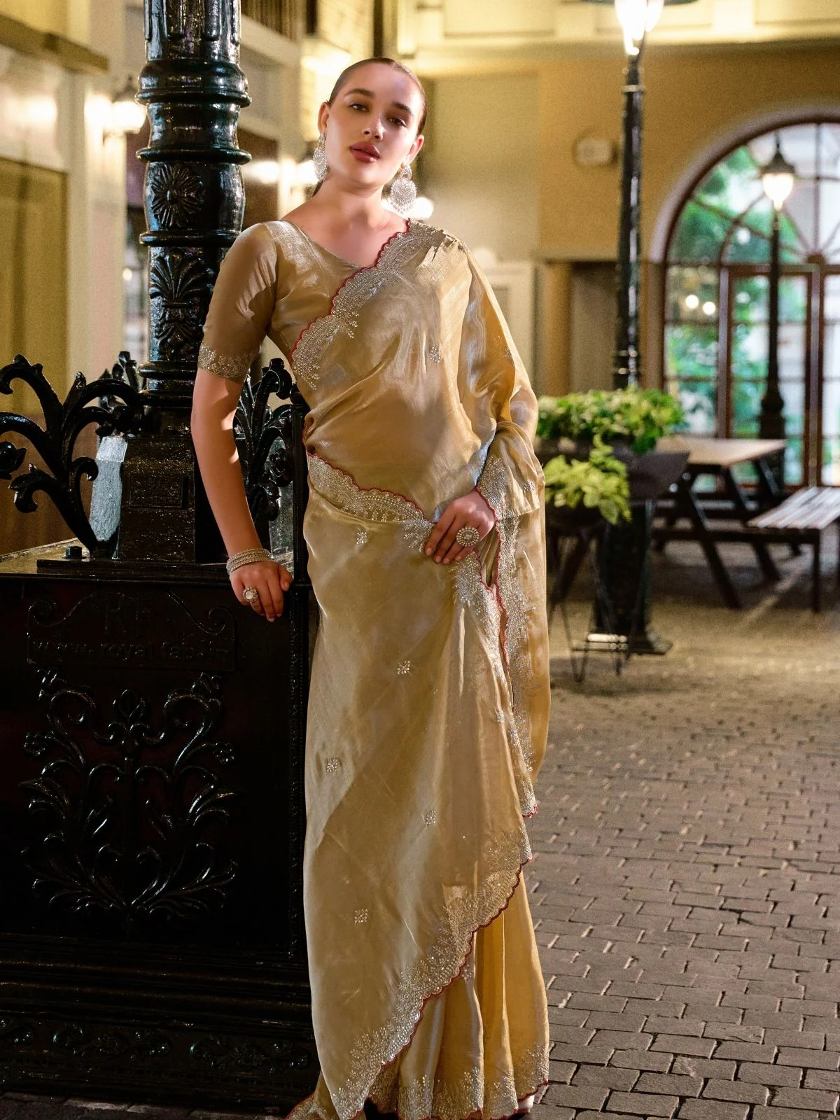 Odette Beige Chiffon Embellished Saree For Women