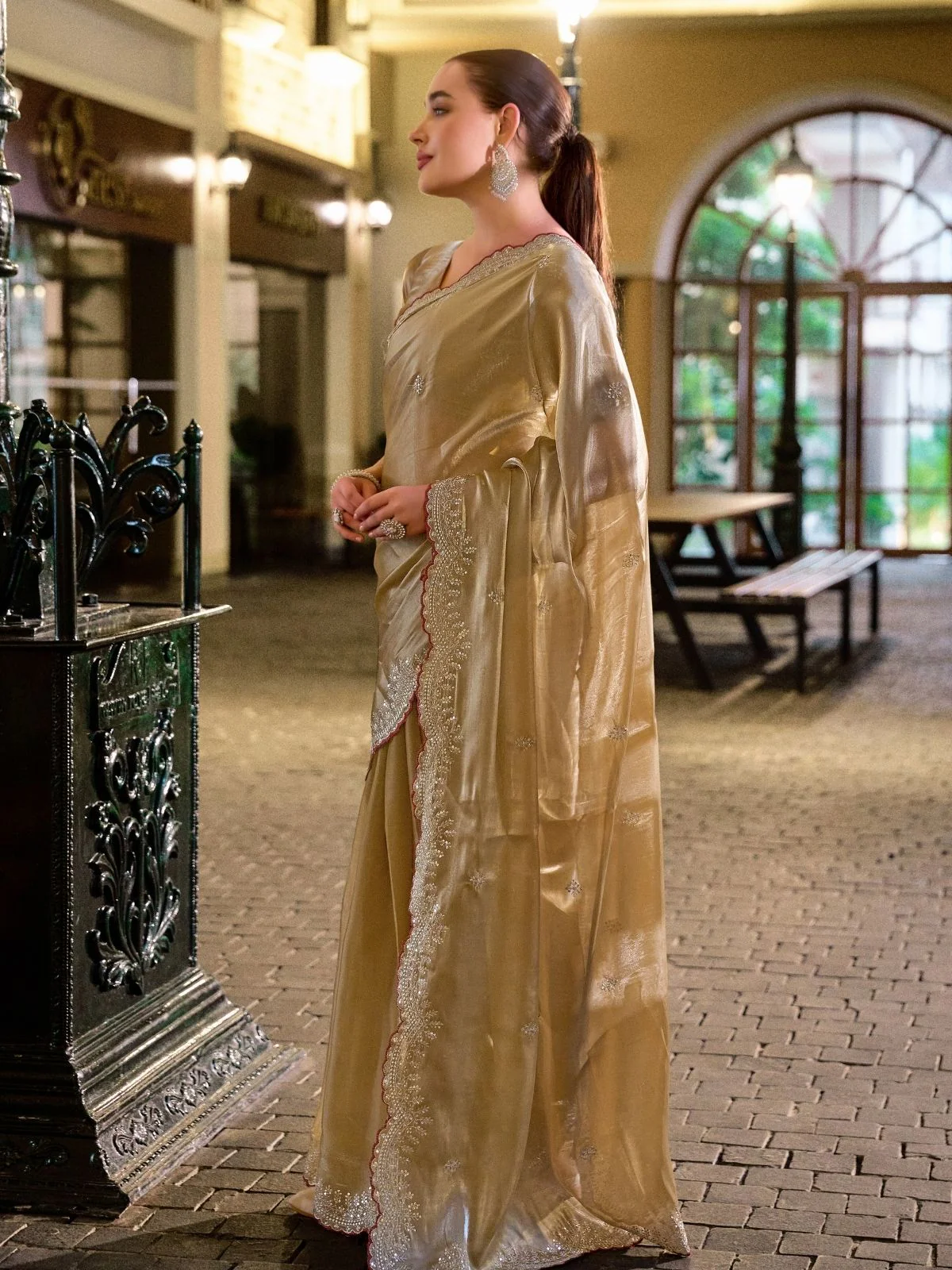 Odette Beige Chiffon Embellished Saree For Women - Image 2