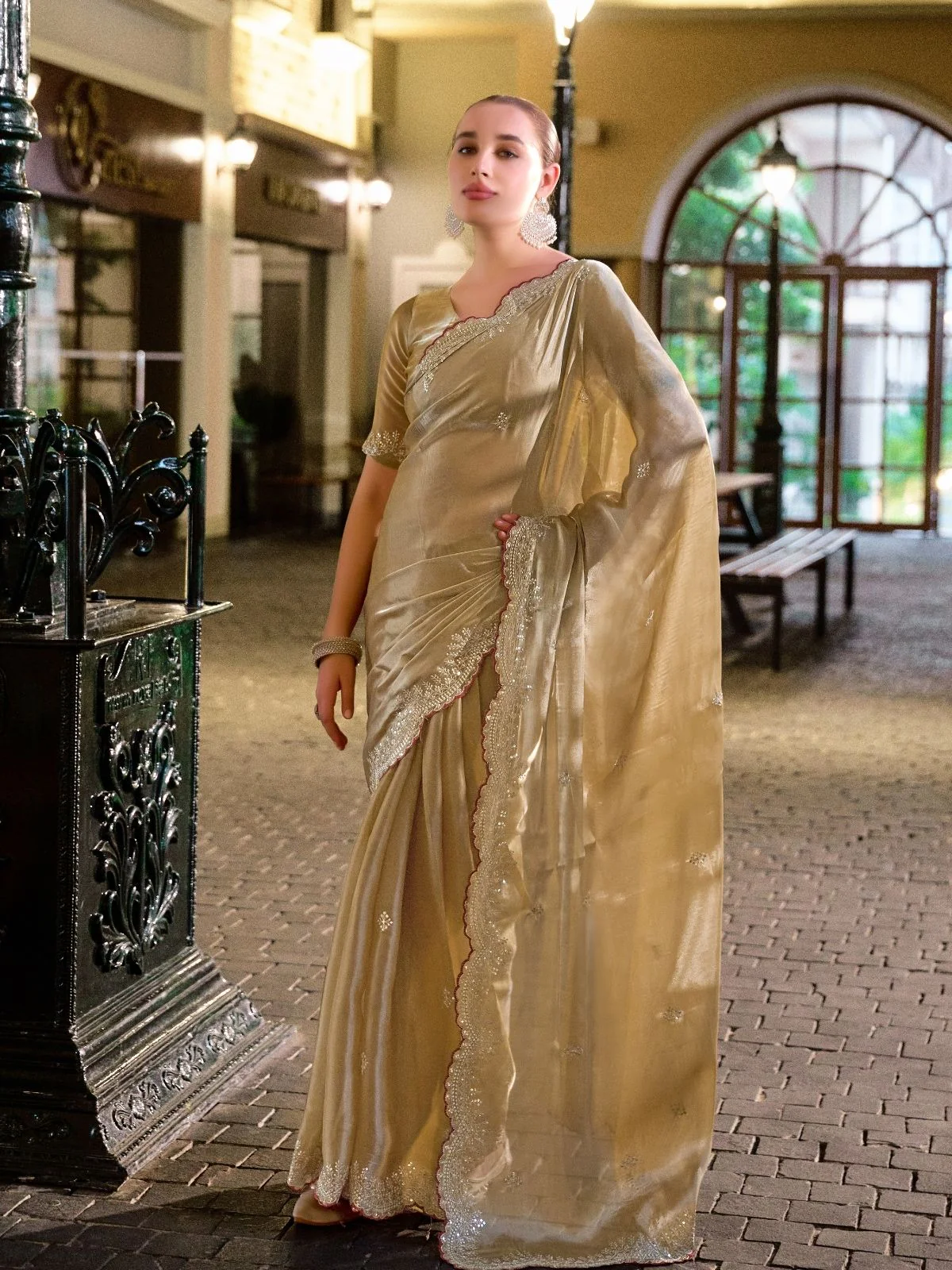 Odette Beige Chiffon Embellished Saree For Women - Image 3