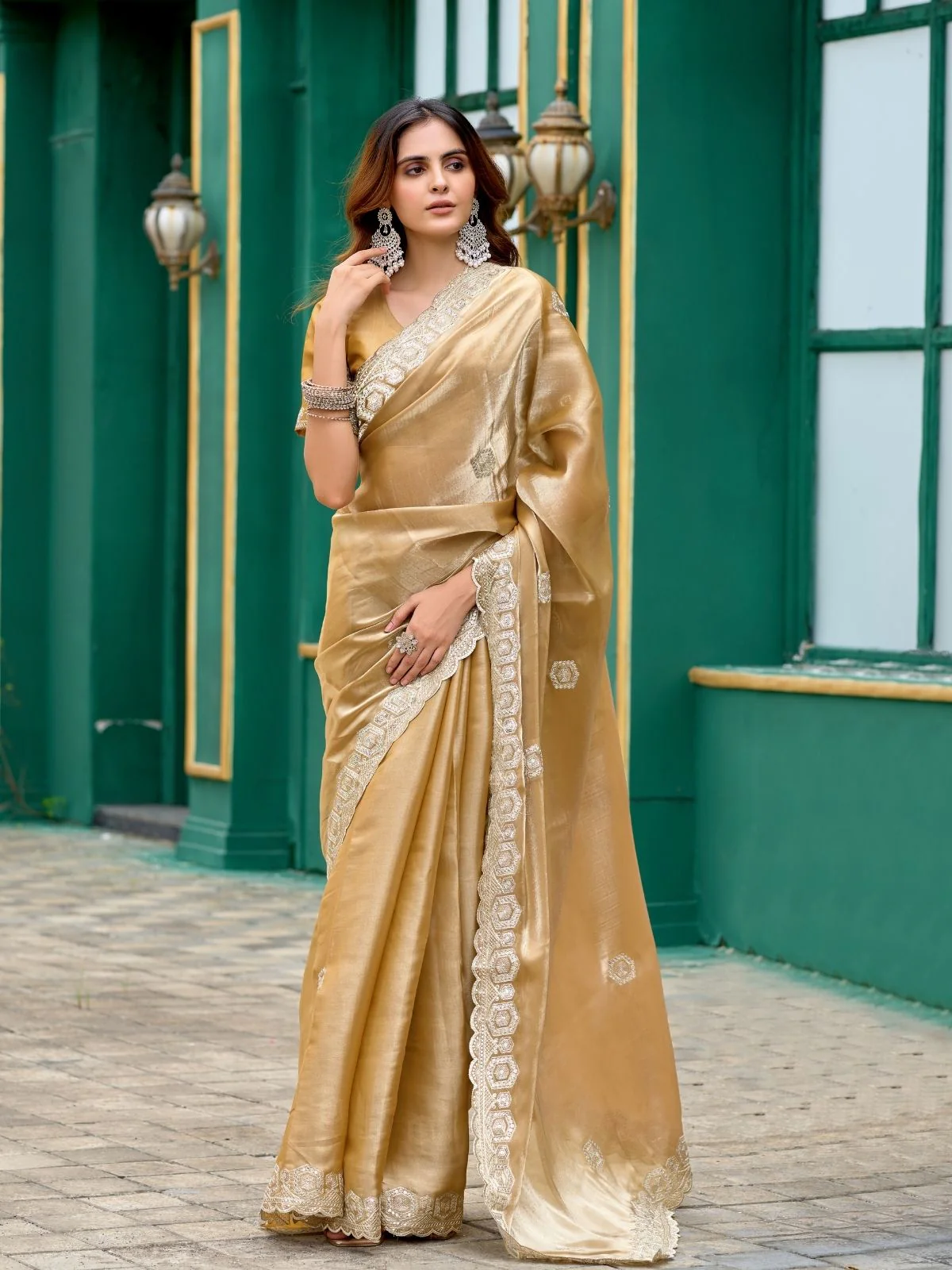 Odette Beige Chiffon Embellished Saree For Women
