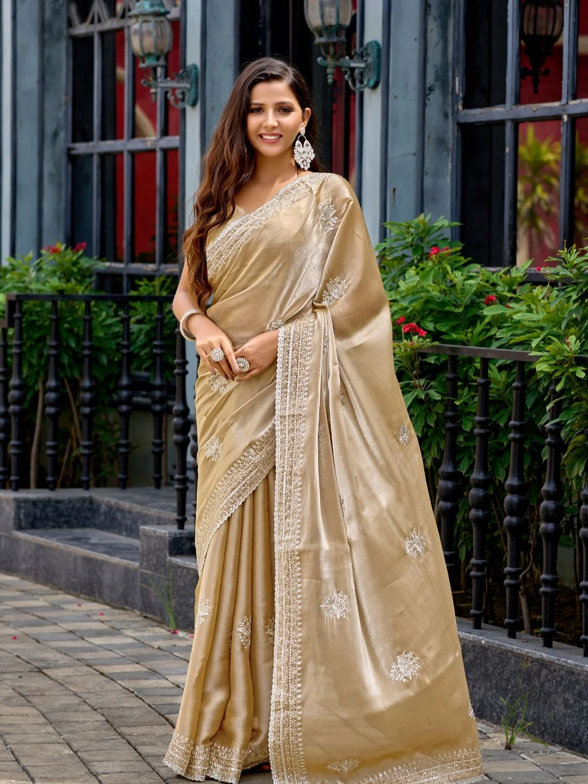 Odette Beige Chiffon Embroidered Saree For Women