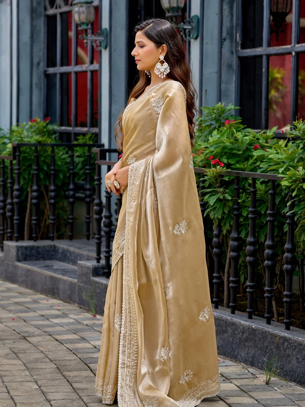 Odette Beige Chiffon Embroidered Saree For Women - Image 2