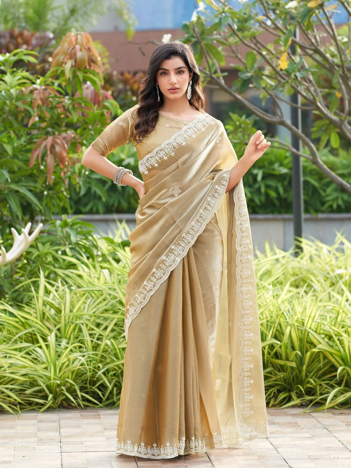Odette Beige Chiffon Embroidered Saree For Women