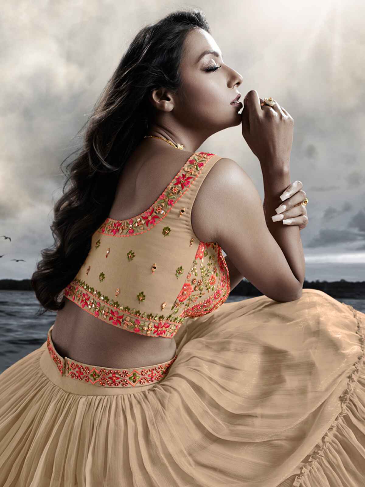 Odette Beige Chinon Art Silk Embellished Semi Stitched Lehenga With Unstitched Blouse For Women - Image 3