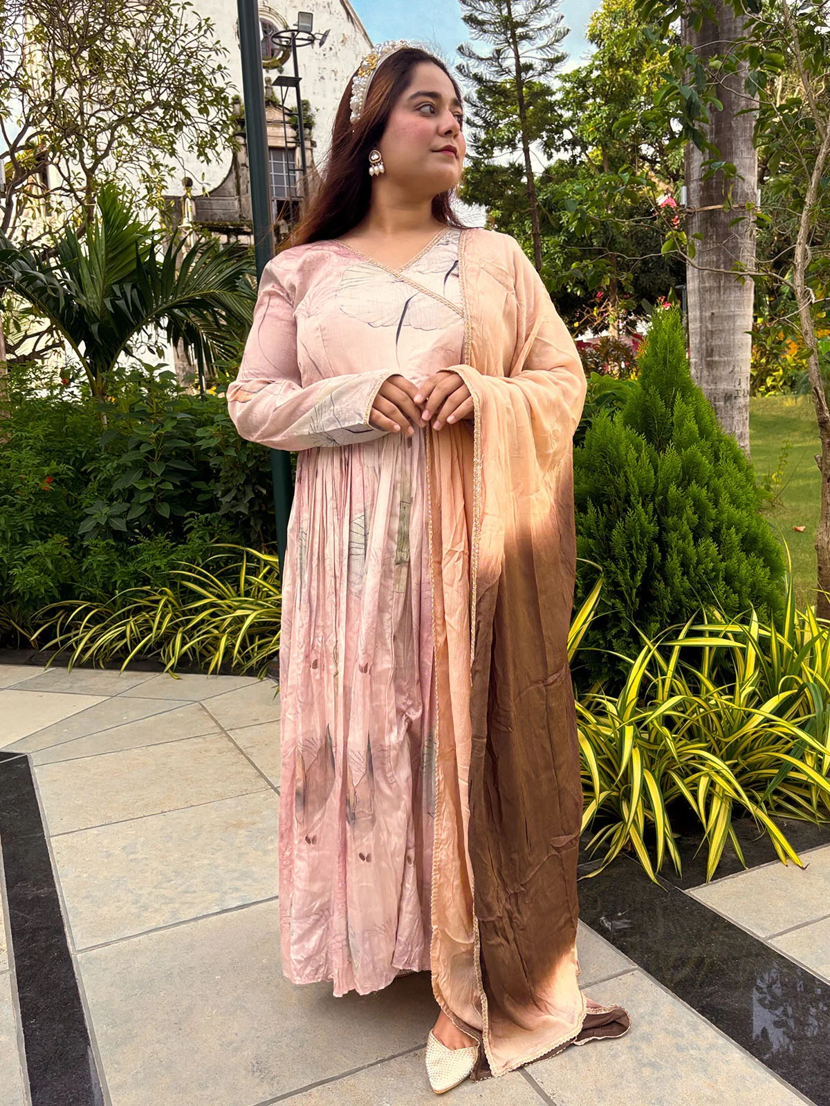 Odette Beige Chinon Silk Printed Stitched Salwar Suit Set For Women - Image 4