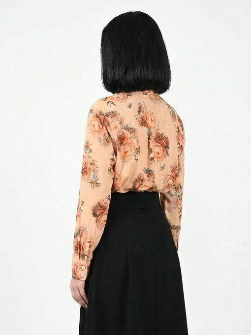Odette Beige Cotton Blend Floral Printed Shirt For Women - Image 4
