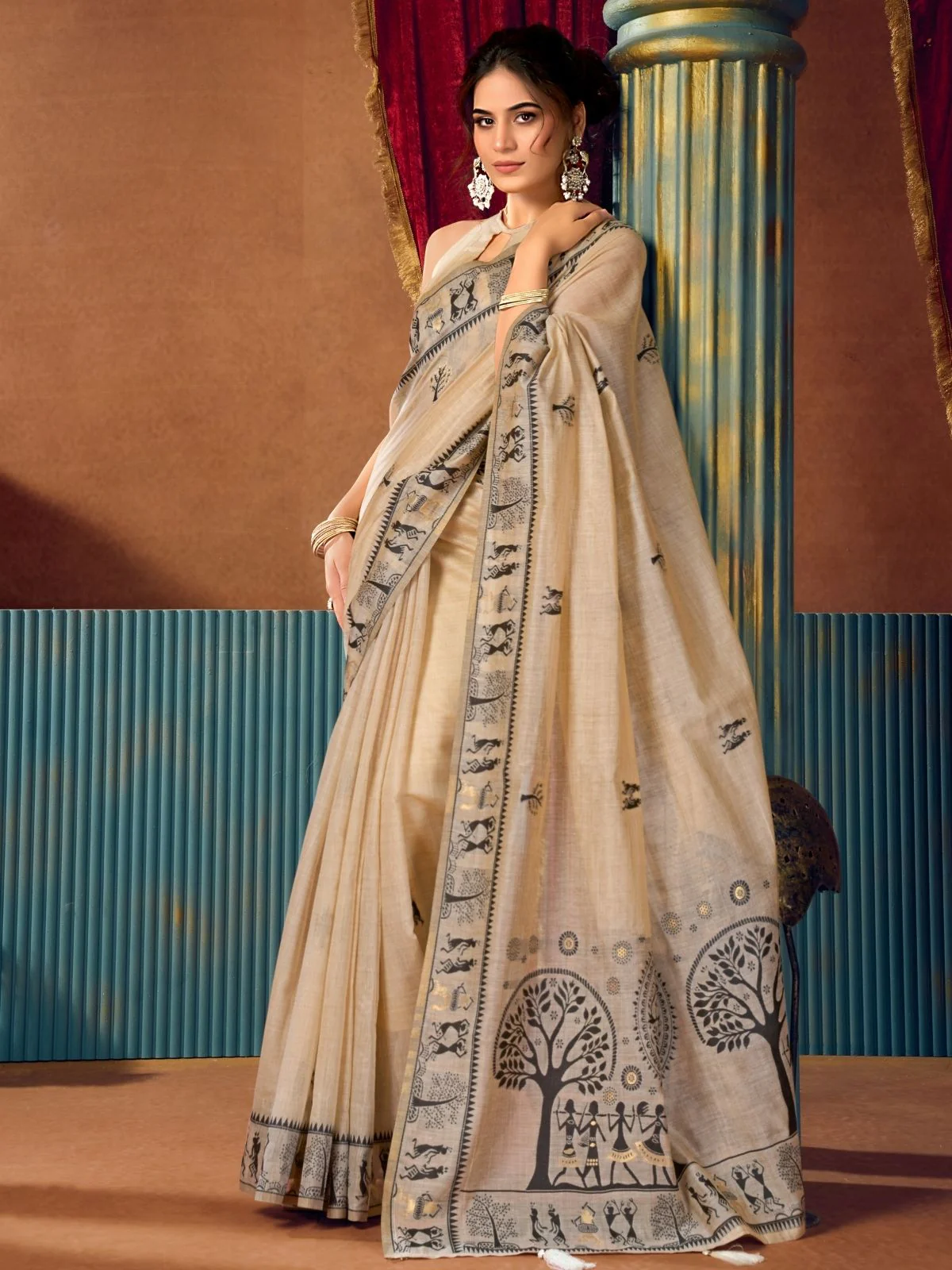 Odette Beige Cotton Blend Printed Saree For Women - Image 3