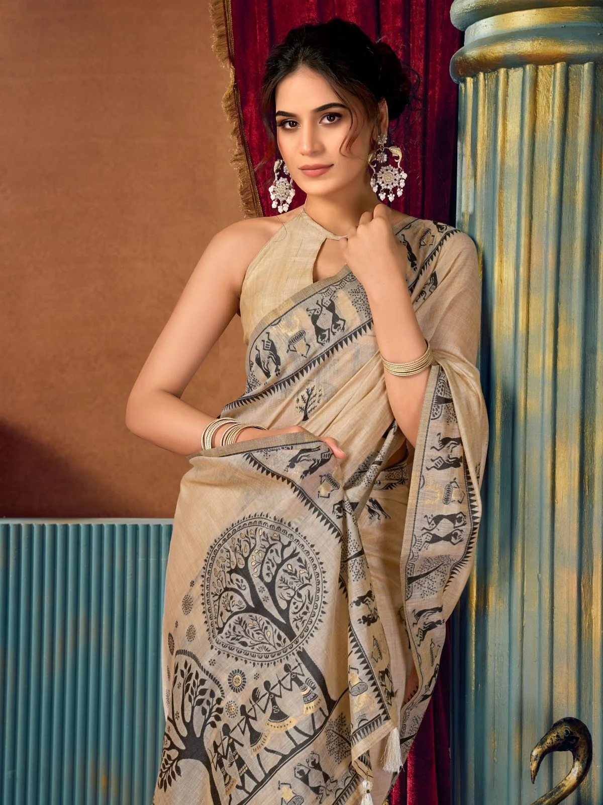 Odette Beige Cotton Blend Printed Saree For Women - Image 5