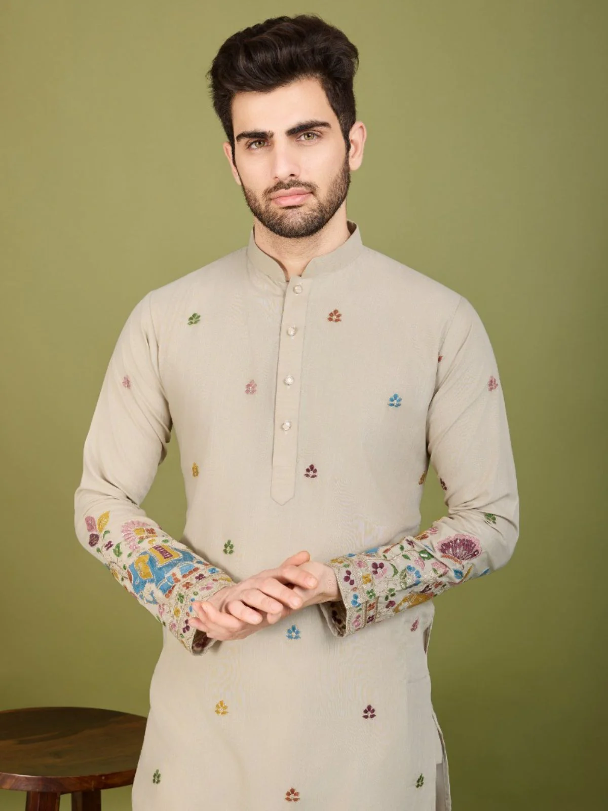 Odette Beige Cotton Embroidered Stitched Kurta For Men - Image 3