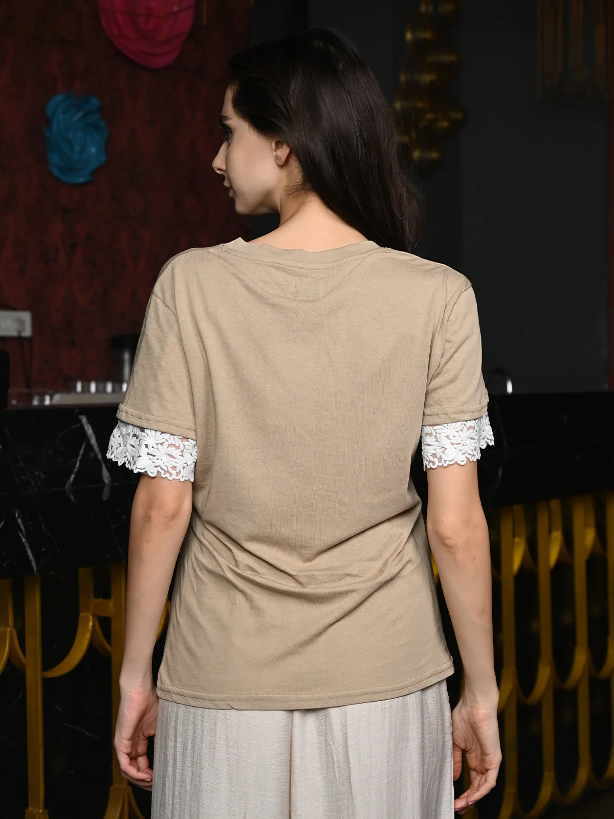 Odette Beige Solid Cotton Jersey With Lace T- Shirt For Women - Image 4