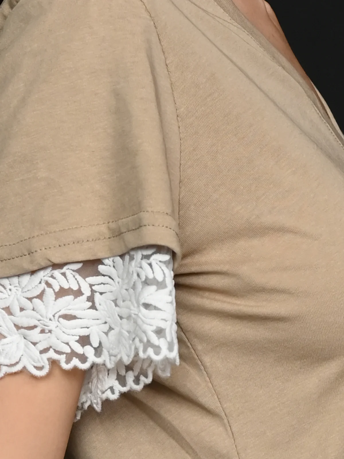 Odette Beige Solid Cotton Jersey With Lace T- Shirt For Women - Image 5