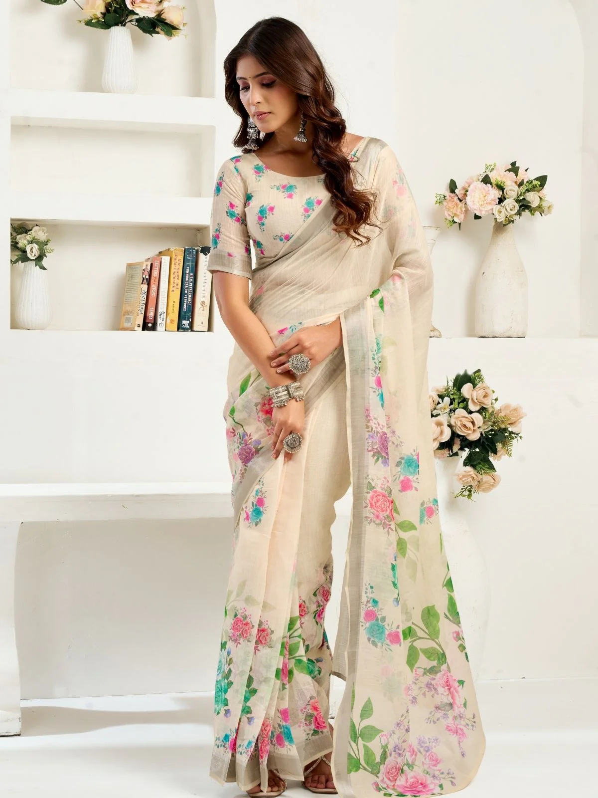 Odette Beige Cotton Linen Zari Work Saree For Women - Image 3