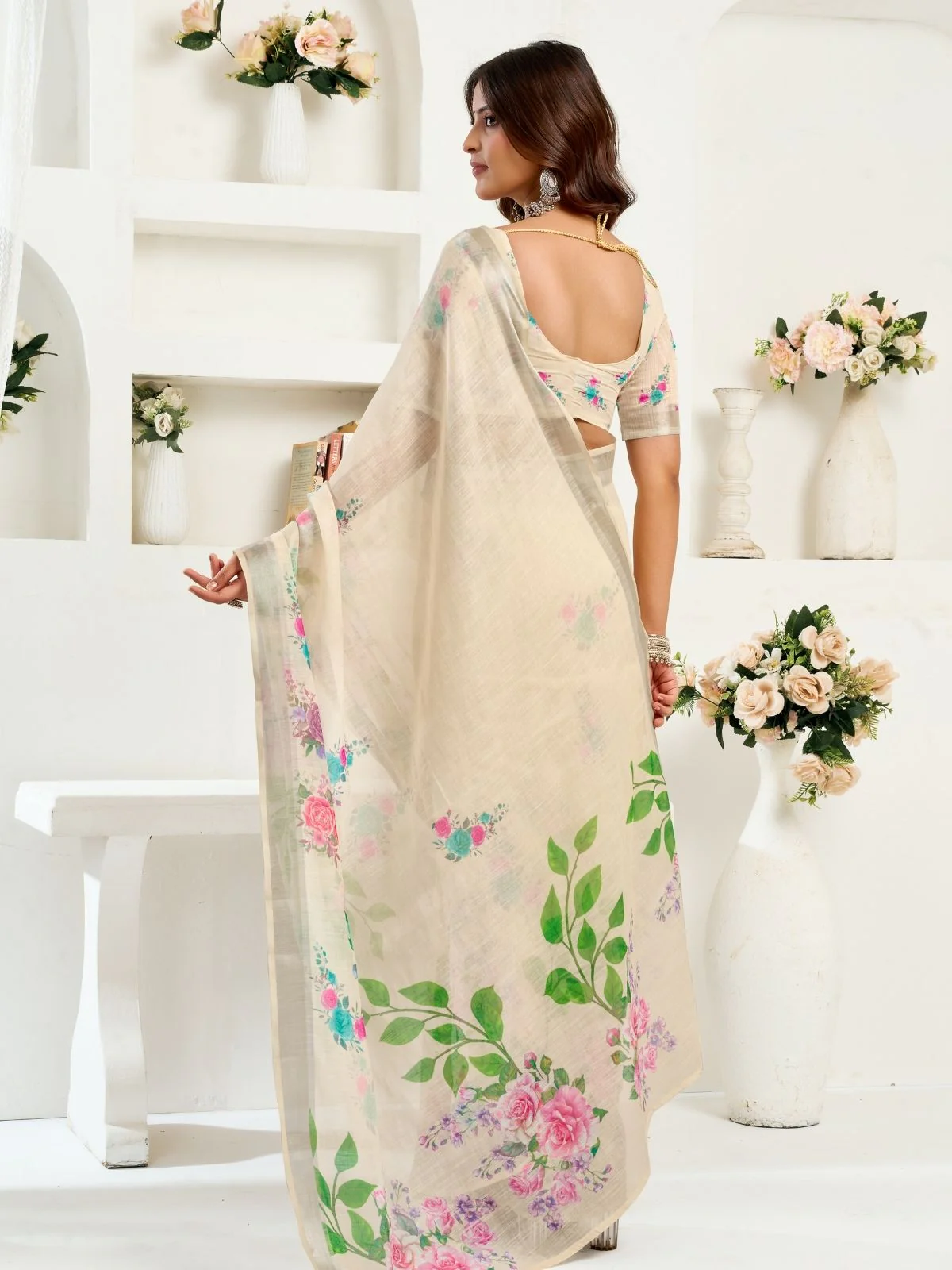 Odette Beige Cotton Linen Zari Work Saree For Women - Image 4