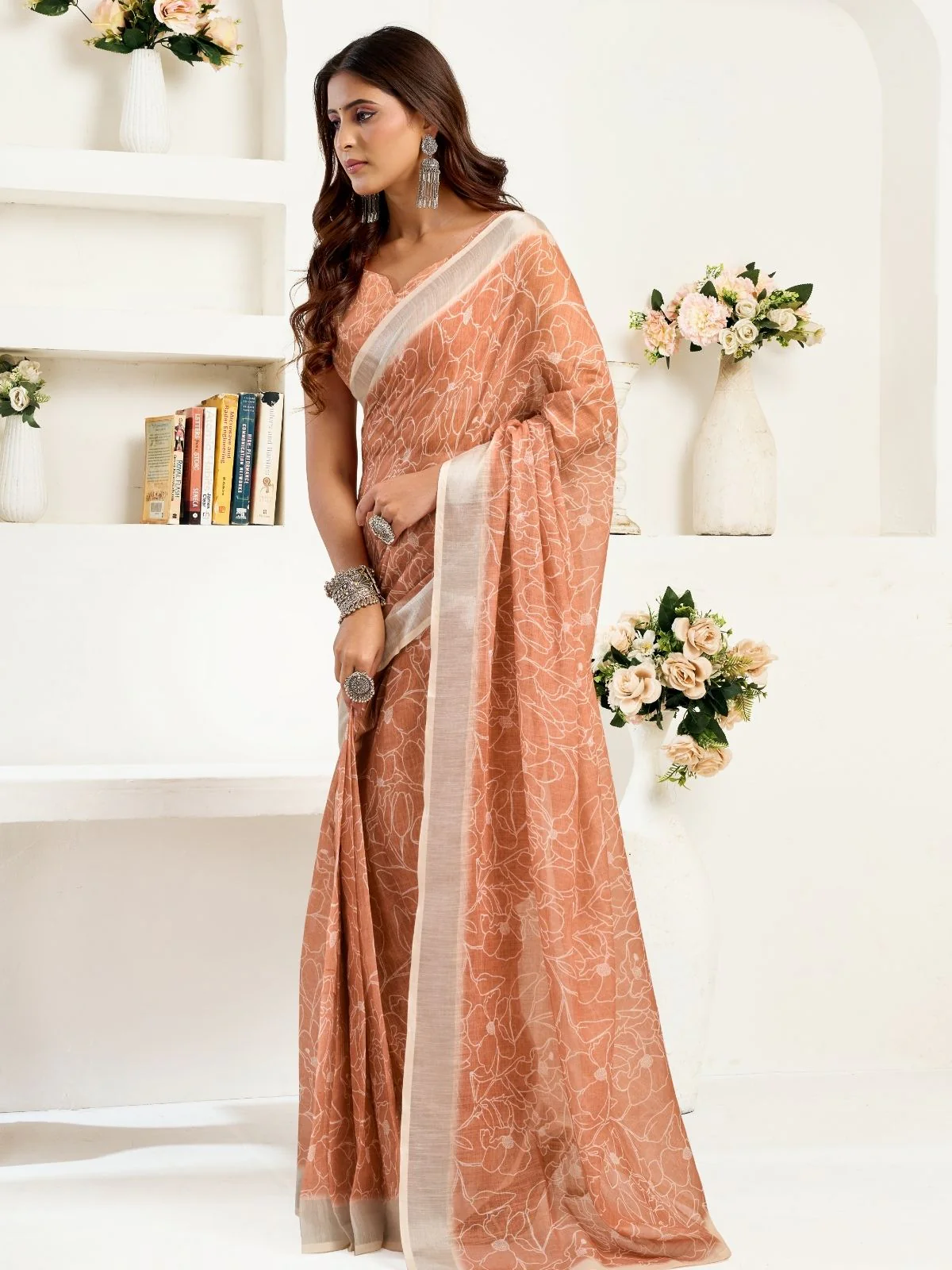 Odette Beige Cotton Linen Zari Work Saree For Women - Image 3