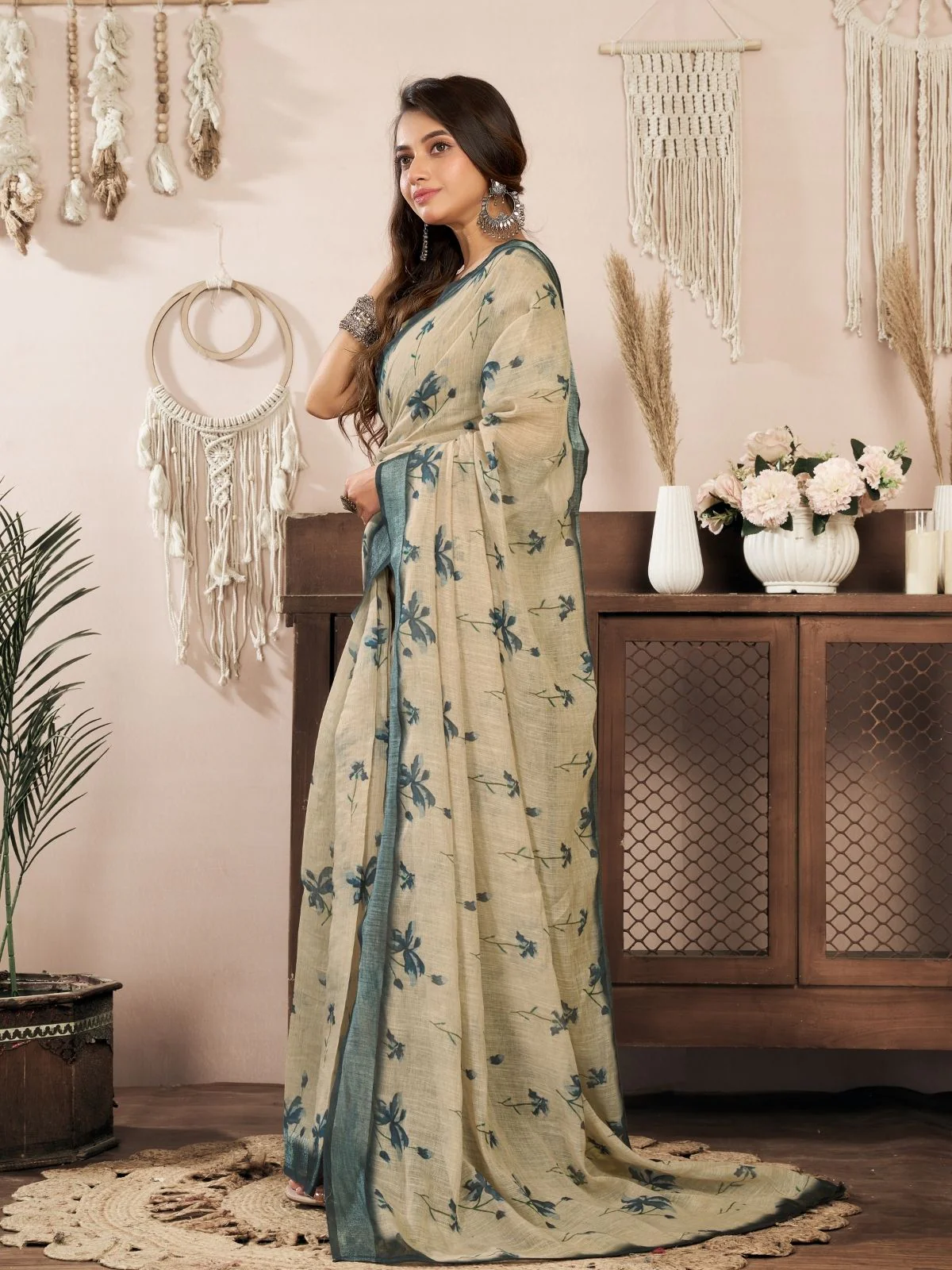 Odette Beige Cotton Linen Zari Work Saree For Women - Image 2