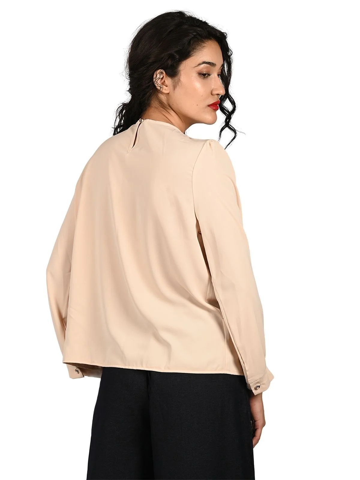 Odette Beige Cotton Lycra Solid Top For Women - Image 4