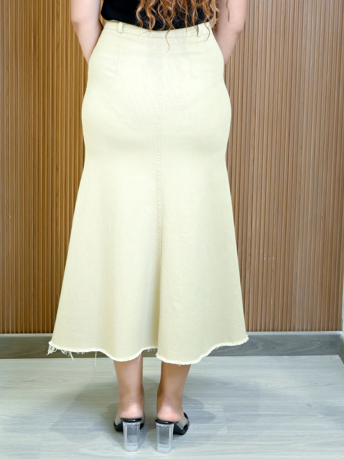 Odette Beige Cotton Twill Fit And Flared Skirt For Women - Image 5