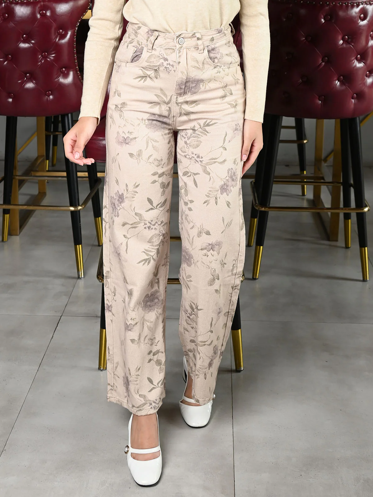 Odette Beige Denim Printed Trouser For Women - Image 2