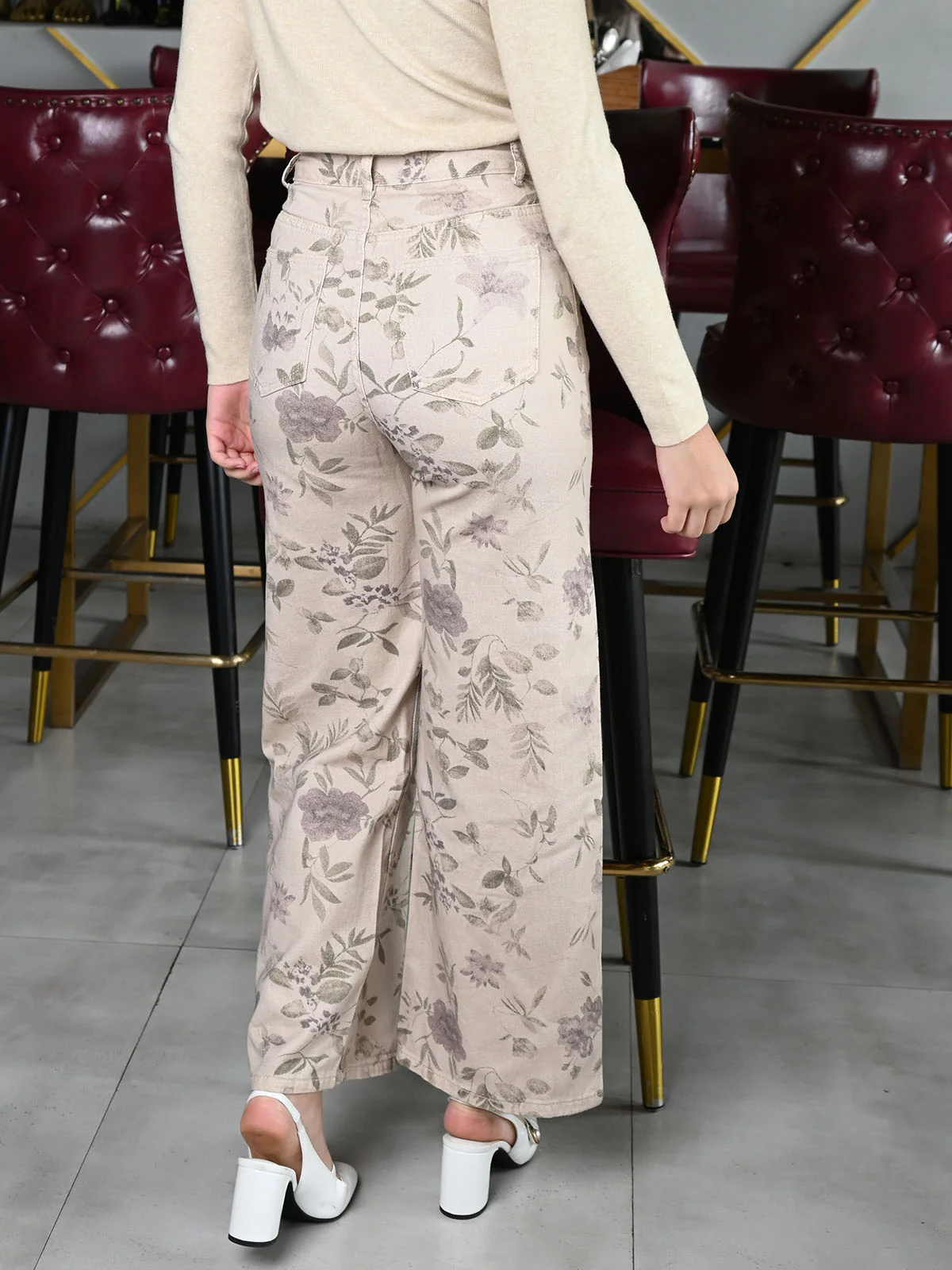 Odette Beige Denim Printed Trouser For Women - Image 4