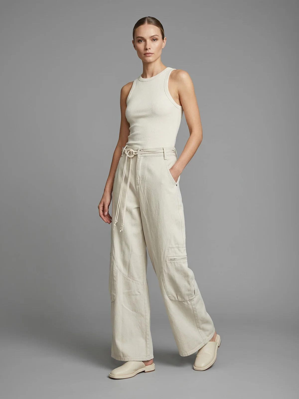 Odette Beige Denim Solid Trouser For Women