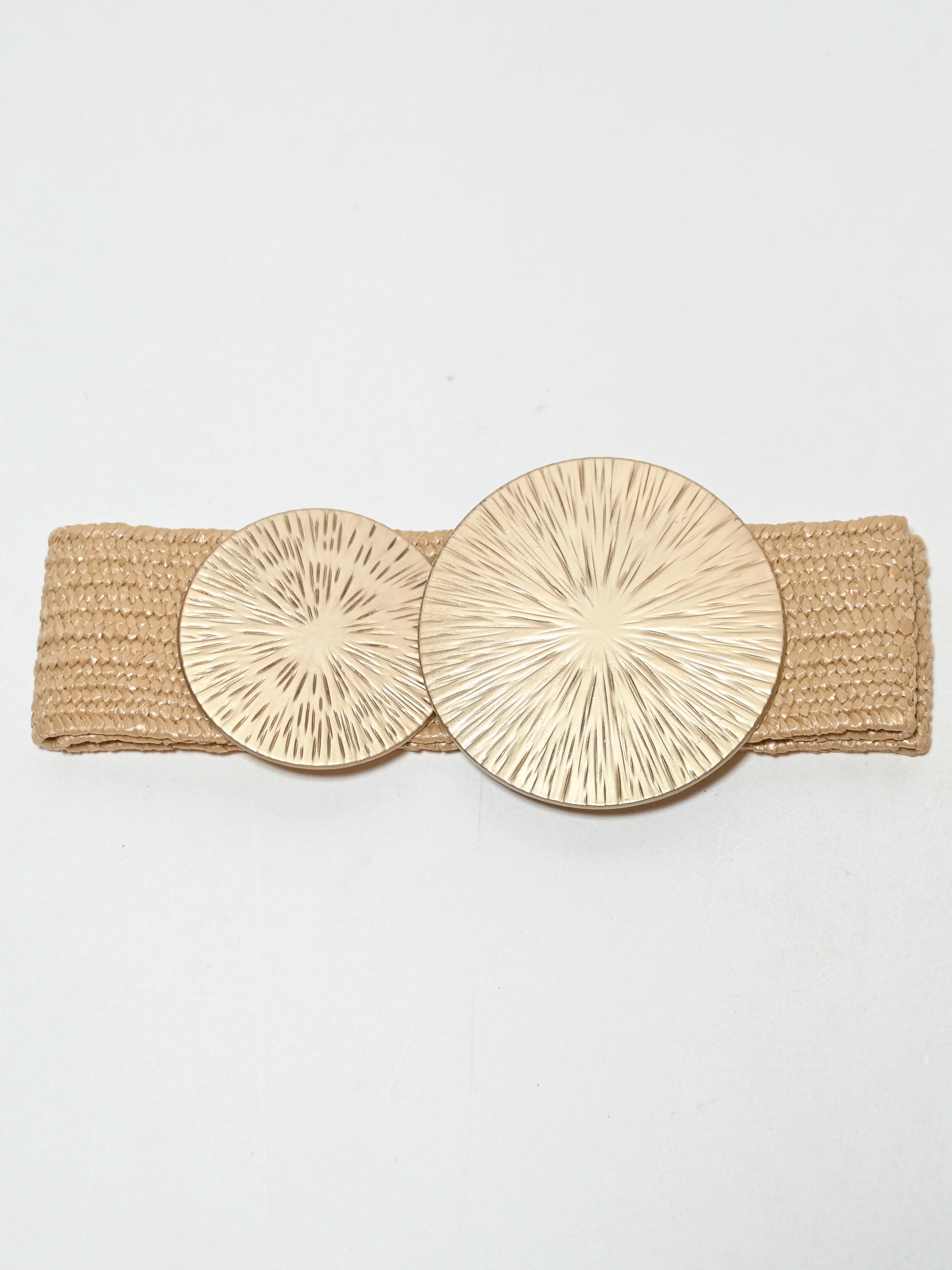 Odette Beige Elastic And Raffia Metallic Design Belt For Women - Image 2