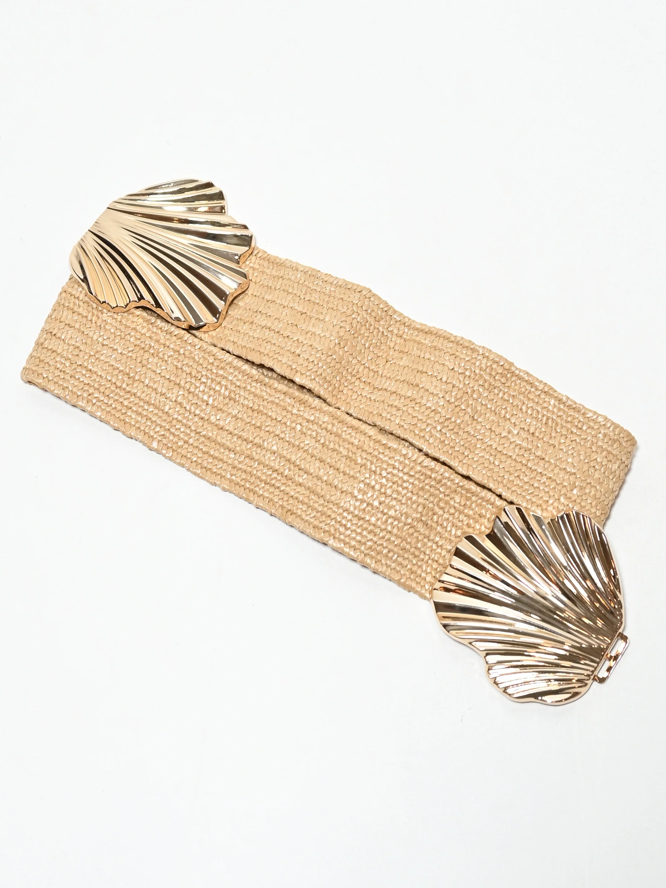 Odette Beige Elastic And Raffia Metallic Design Belt For Women - Image 4