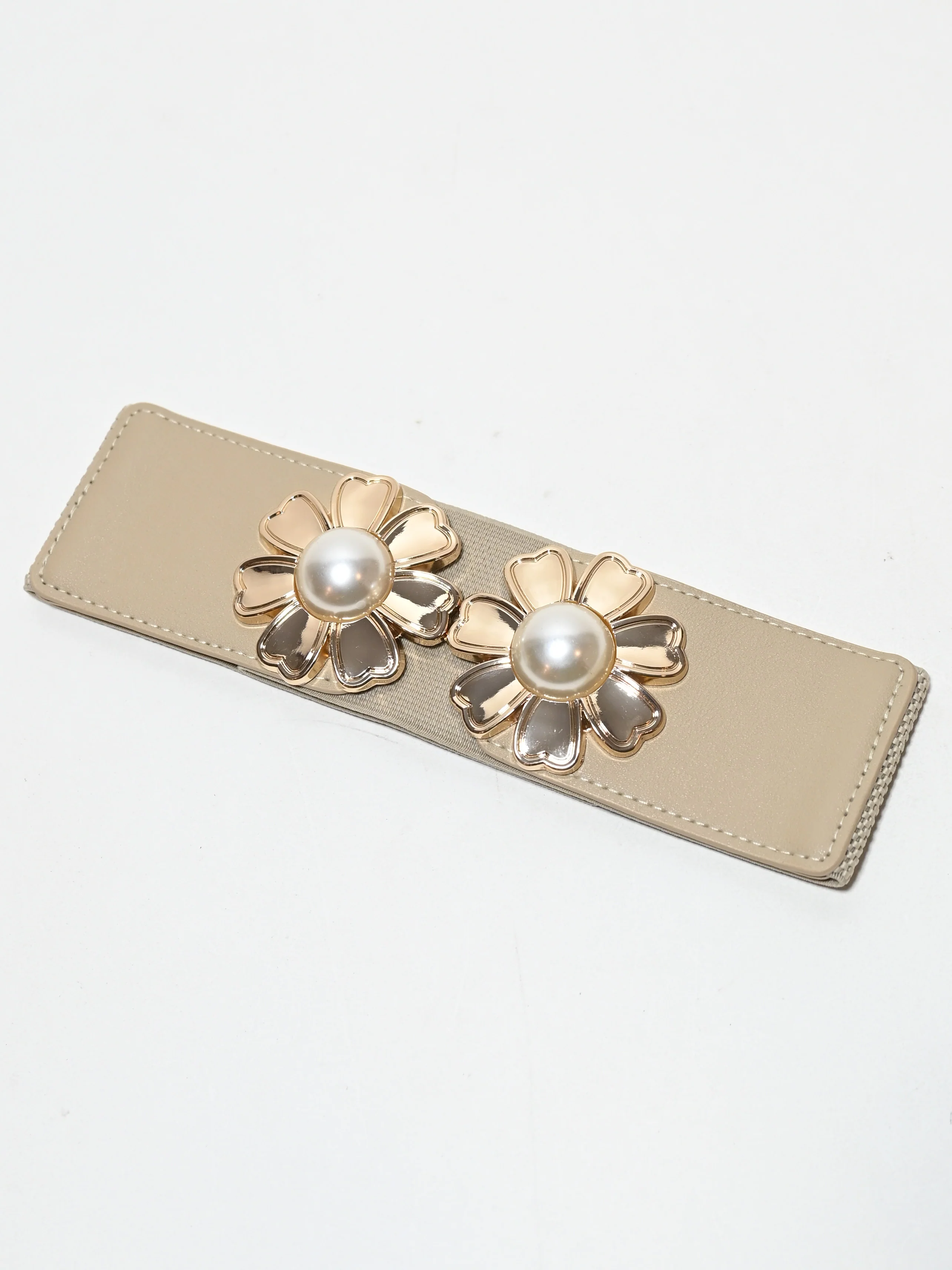 Odette Beige Elastic Pearl Belt For Women - Image 2