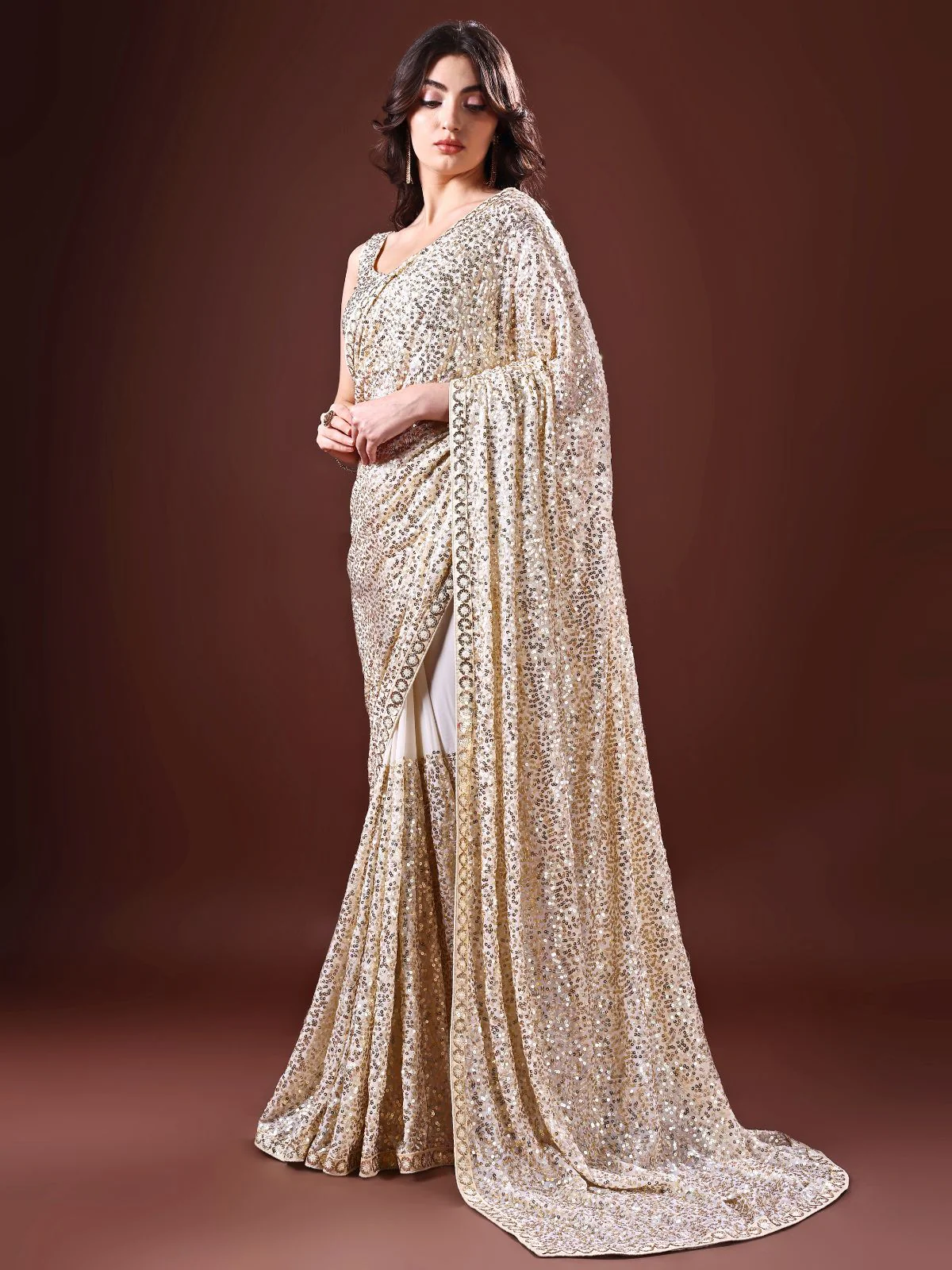 Odette Beige Embellished Georgette Saree With Unstitched Blouse For Women - Image 2