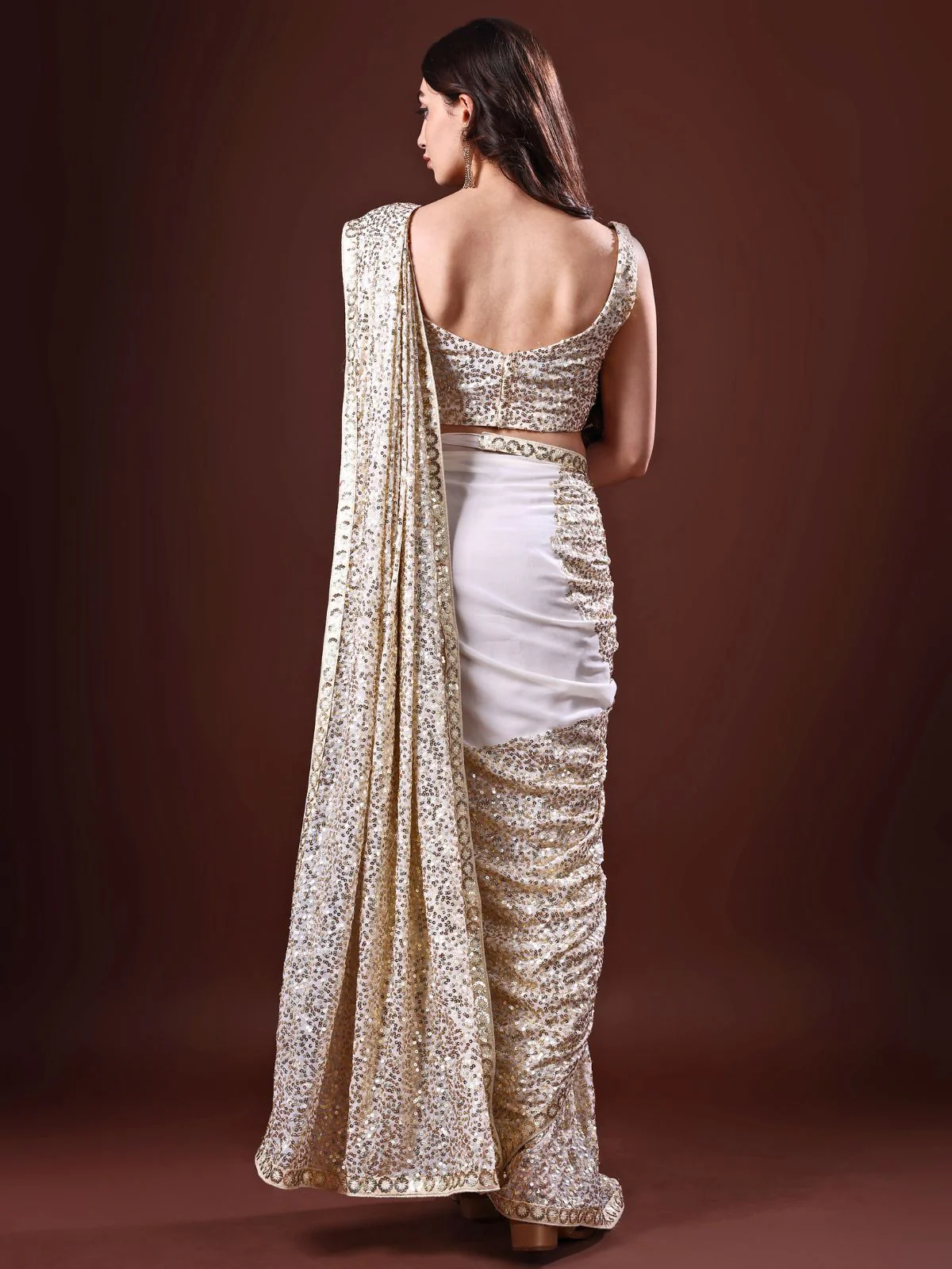 Odette Beige Embellished Georgette Saree With Unstitched Blouse For Women - Image 5