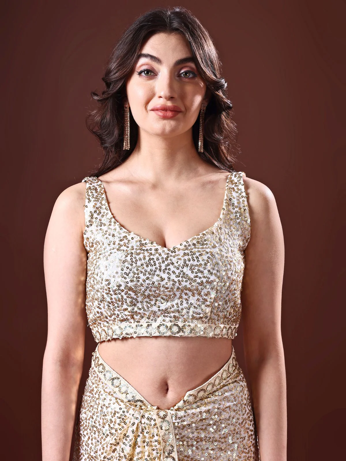 Odette Beige Embellished Georgette Saree With Unstitched Blouse For Women - Image 6