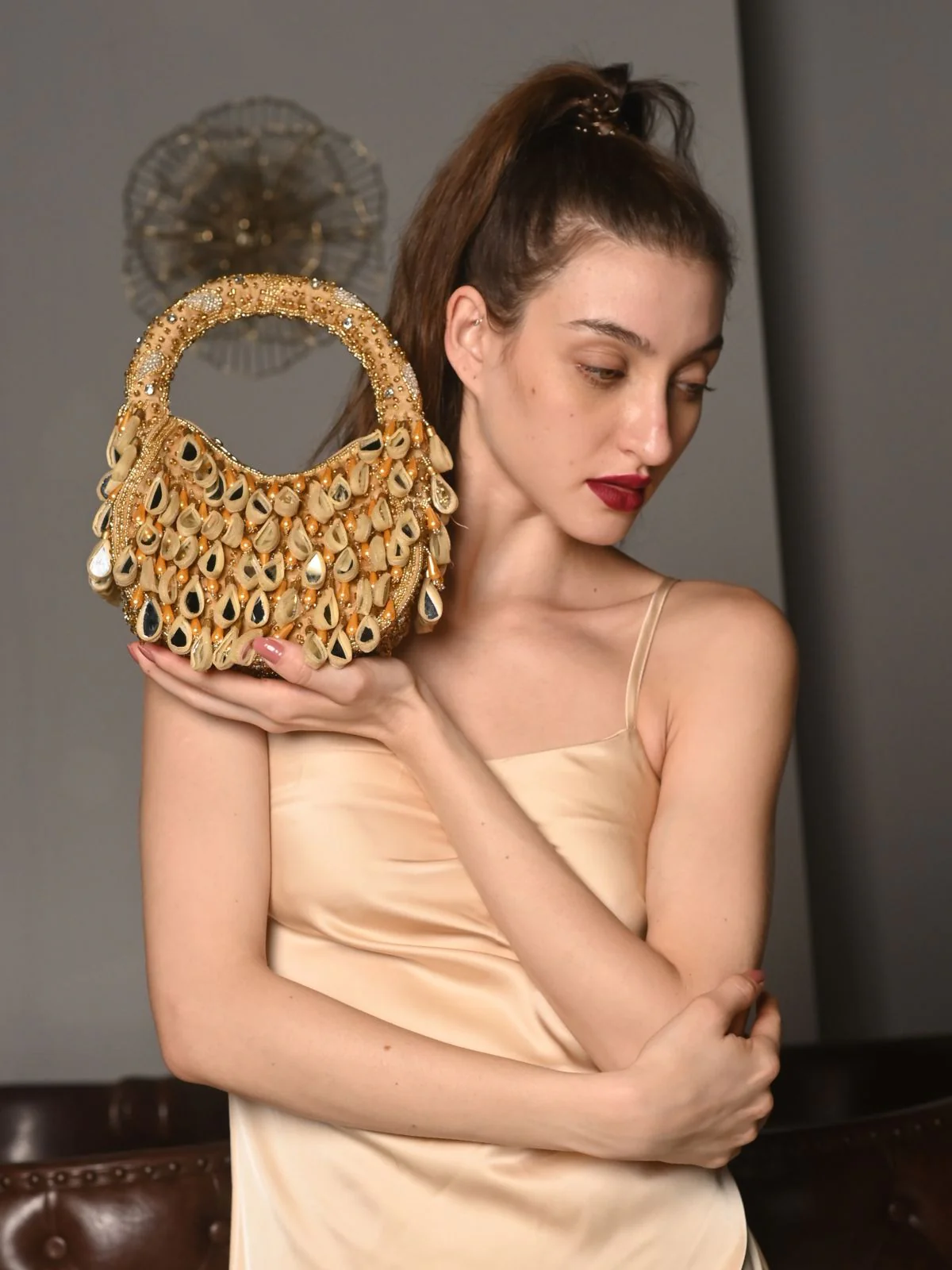 Odette Beige Embellished Moon Clutch With Tassels For Women - Image 2