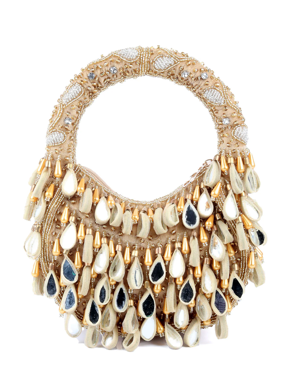 Odette Beige Embellished Moon Clutch With Tassels For Women - Image 5