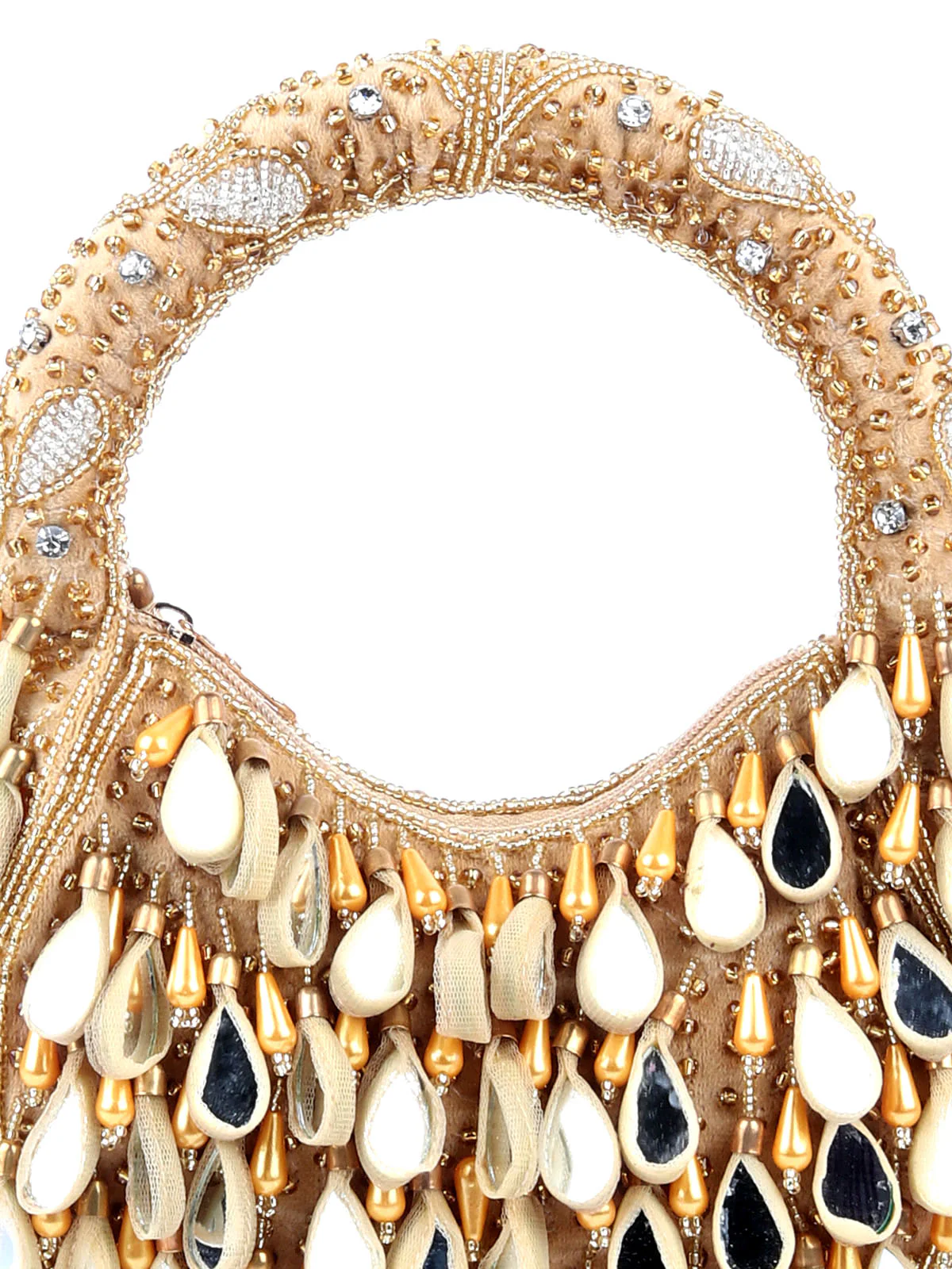 Odette Beige Embellished Moon Clutch With Tassels For Women - Image 7