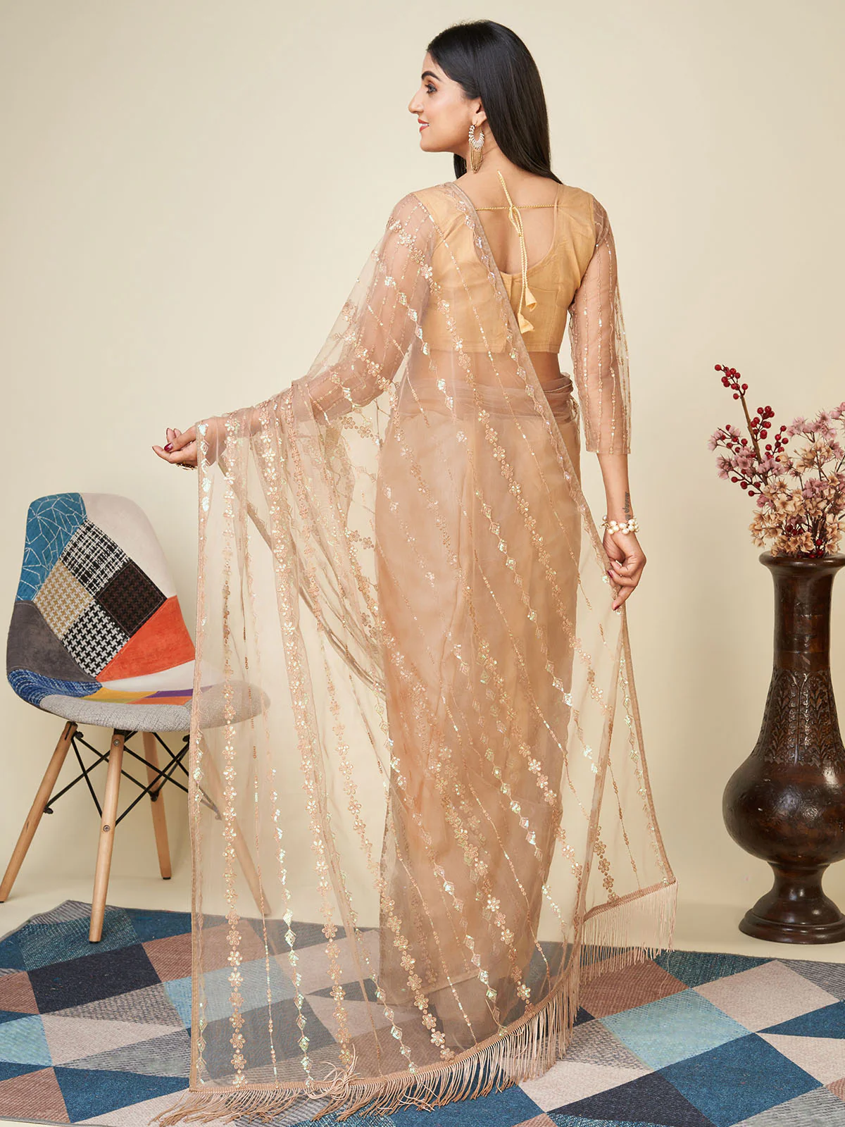 Odette Beige Embellished Net Saree With Unstitched Blouse For Women - Image 4